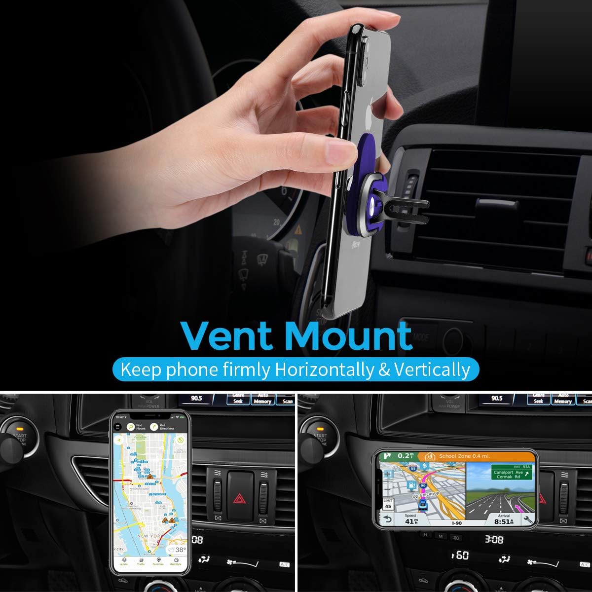 Cell Phone Ring Holder Stand, 3 in 1 MR. YLLS Universal Air Vent Car Phone Mount and Finger Grip Ring Kickstand, 360°Rotation & 90°Flip (Blue & Black)