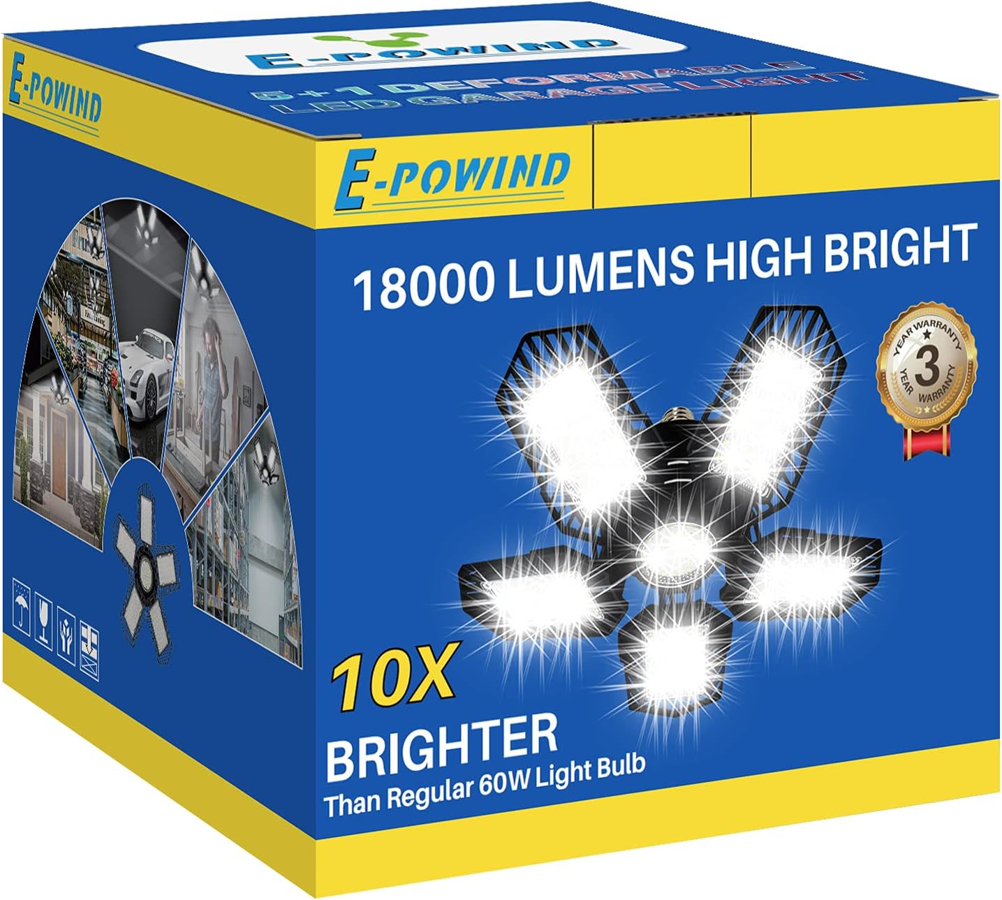 E-POWIND LED Garage Light 180W 18000LM Garage Lighting with 5+1 Adjustable Panels 6500K Daylight Deformable Garage LED Shop Light, E26/E27 Base Led Garage Ceiling Lights for Storage Attic Warehouse