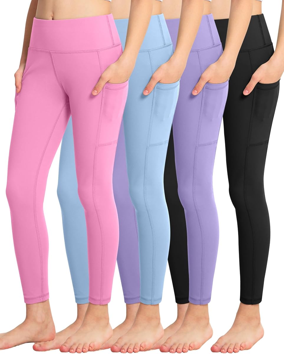 ATHVOTAR Leggings para niñas con bolsillos: pantalones de yoga de cintura alta, entrenamiento atlético, danza, correr, 4 paquetes