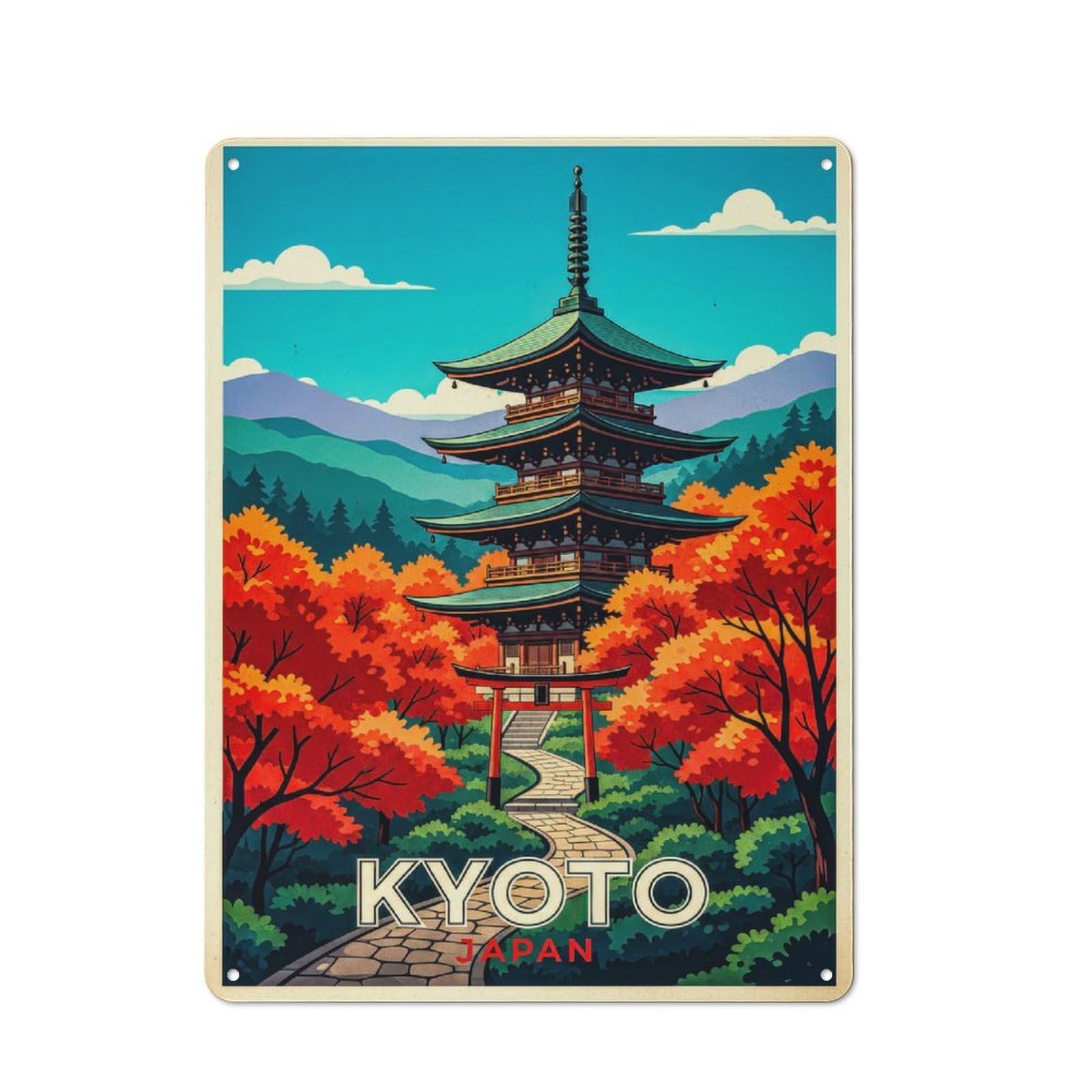 Barn Style Farmhouse Metal Sign 40x30cm Featuring Kyoto Japan Pagoda Autumn Travel, Cottage Wall Art for Kitchen, Cottage, Porch Or Garden Room