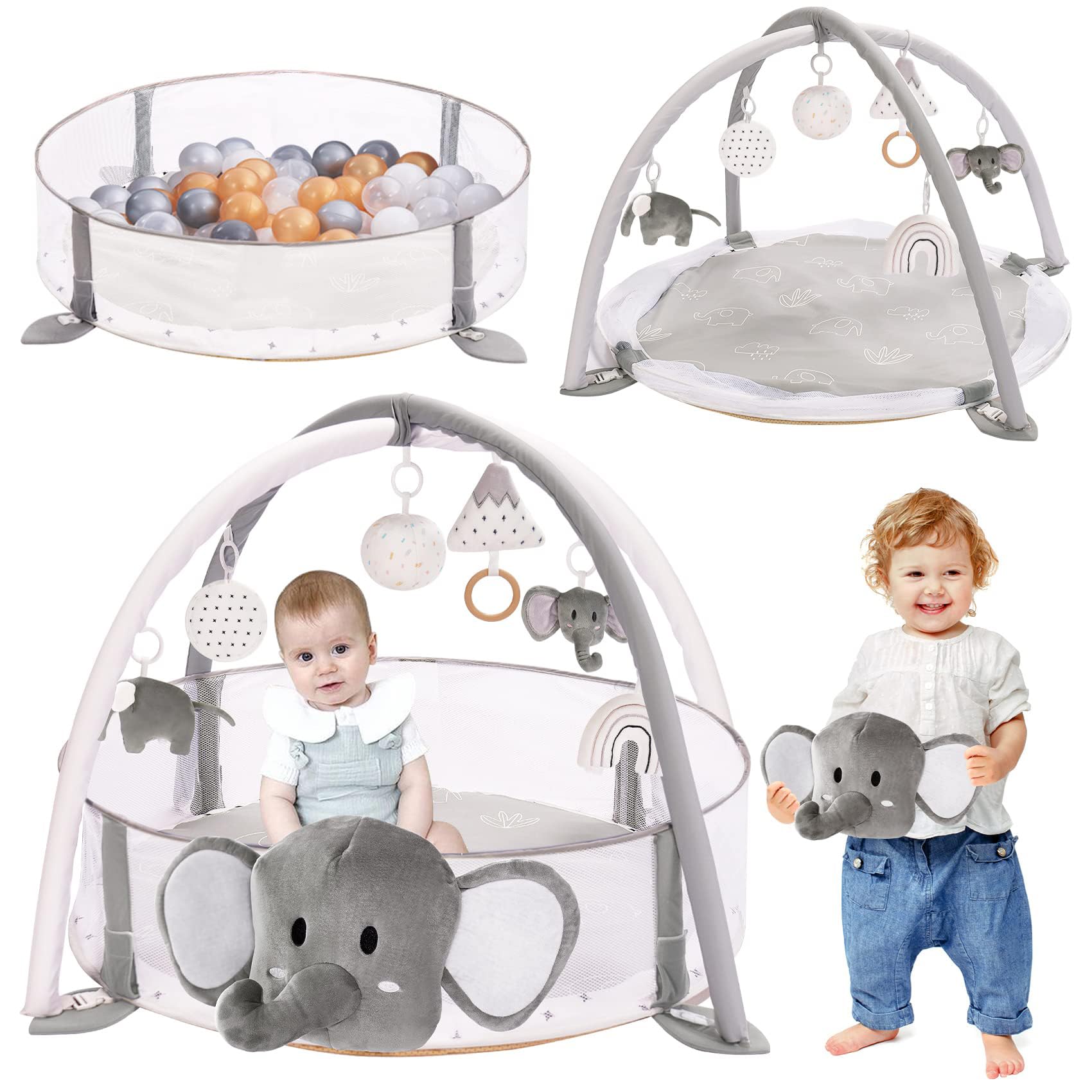 Mallify 5-in-1 XL Baby Spielbogen mit Spielmatte, Spielplatz & Bällebad, Kombiniertes Baby-Spielcenter mit Meilensteinkarten zur Sinnes- und Motorikförderung, Bälle Nicht enthalten