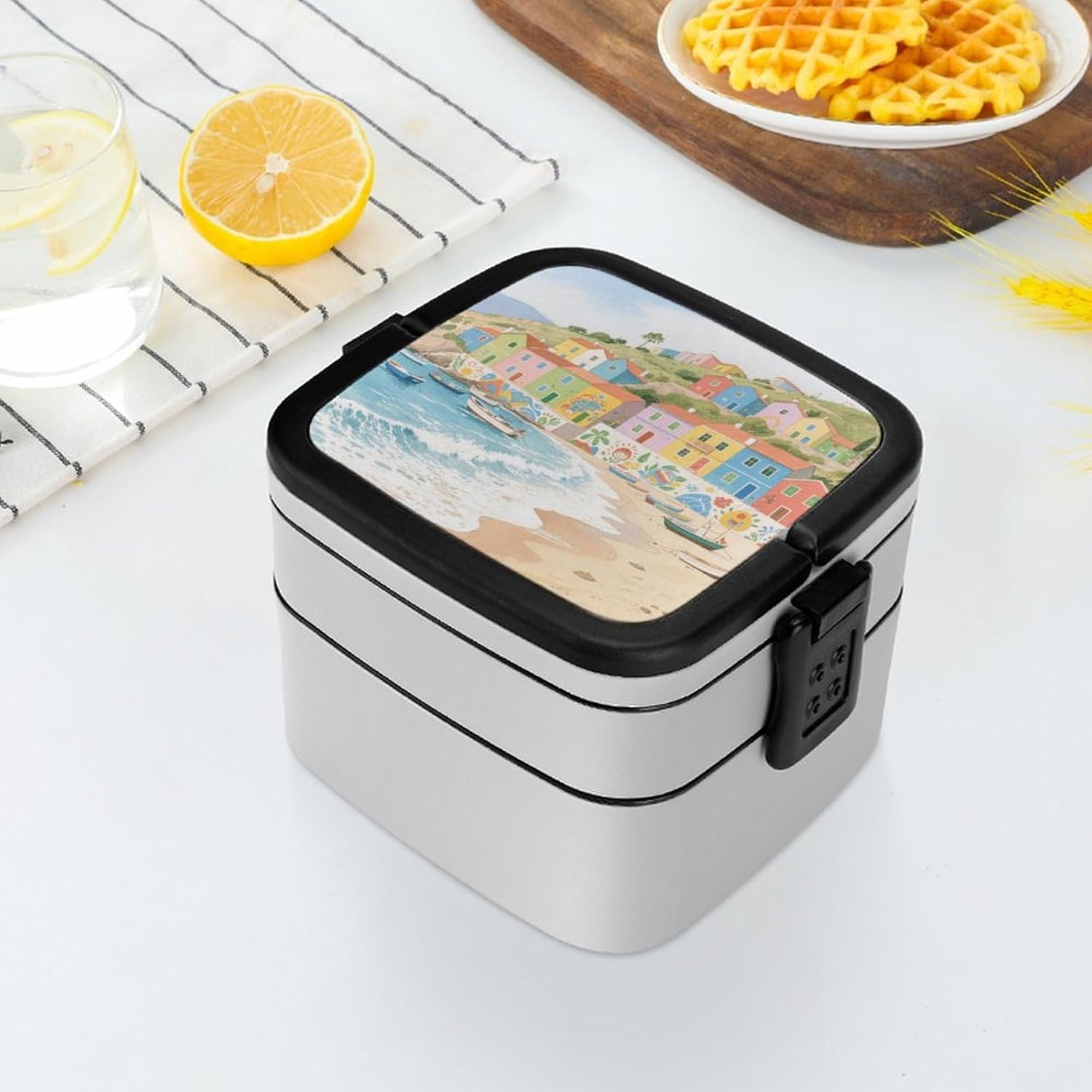 Colorful Town Bento Box Double Layer Lunch Box for Adults with Spoon And Handle Bento Boxes Leakproof One-piece Stackable Lunchbox for Work Picnics And Travel