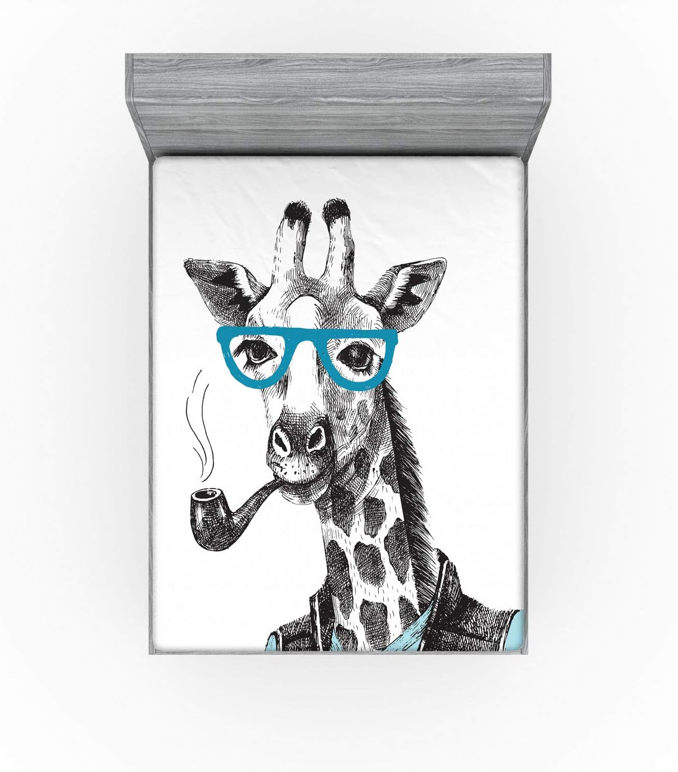 Ambesonne Hipster Fitted Sheet, Hand Drawn Funny Giraffe with Glasses Vest Vintage Mono Colored Illustration, Bed Cover with All-Round Elastic Deep Pocket for Comfort, Queen Size, Blue Grey