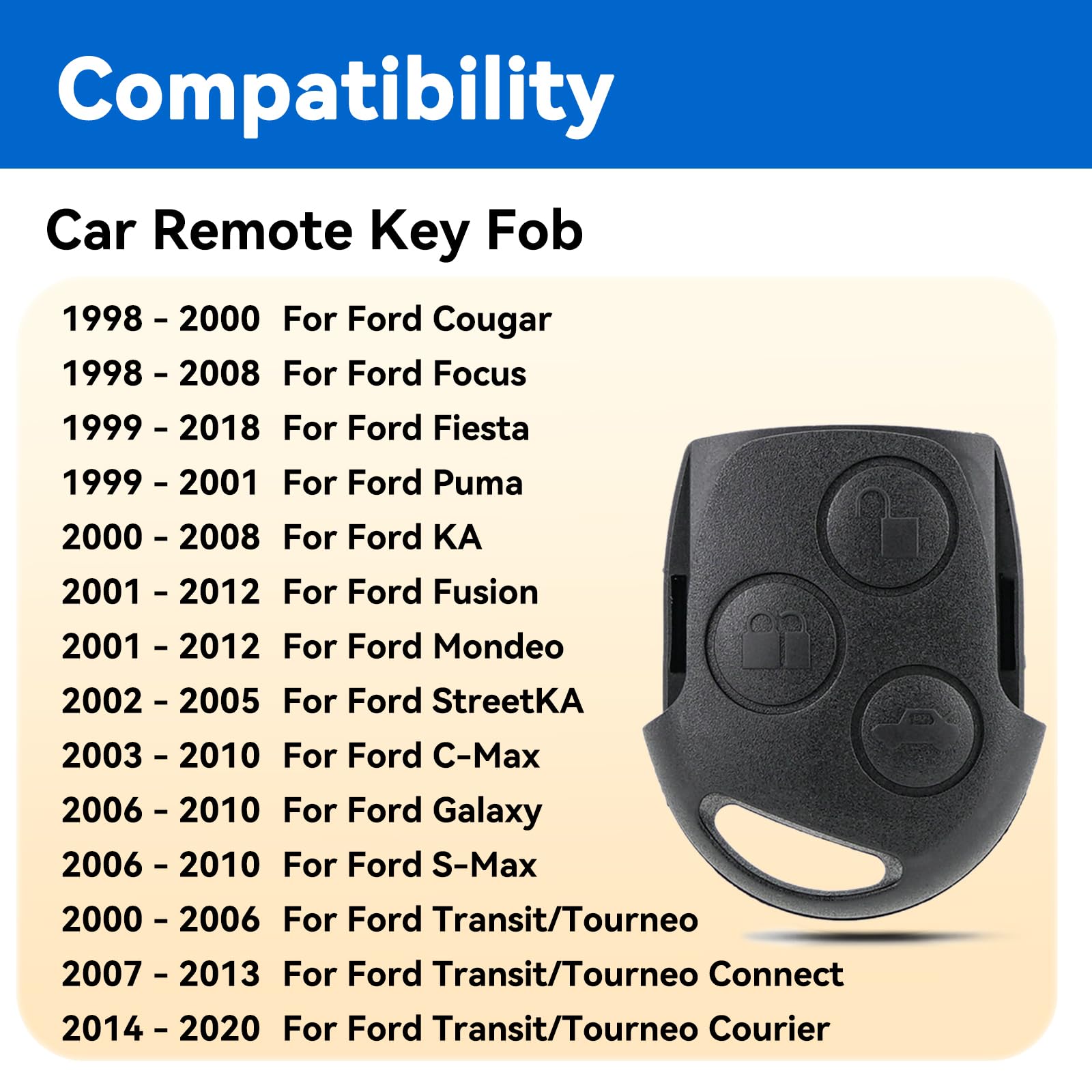 3 Button Remote Key Fob Replacement Black Head for Ford Fiesta MK6 Focus MK2 Mondeo Fusion KA S-Max C-Max Cougar Transit Tourneo Connect Key 433MHz (NO Chip NO Blade） - 2