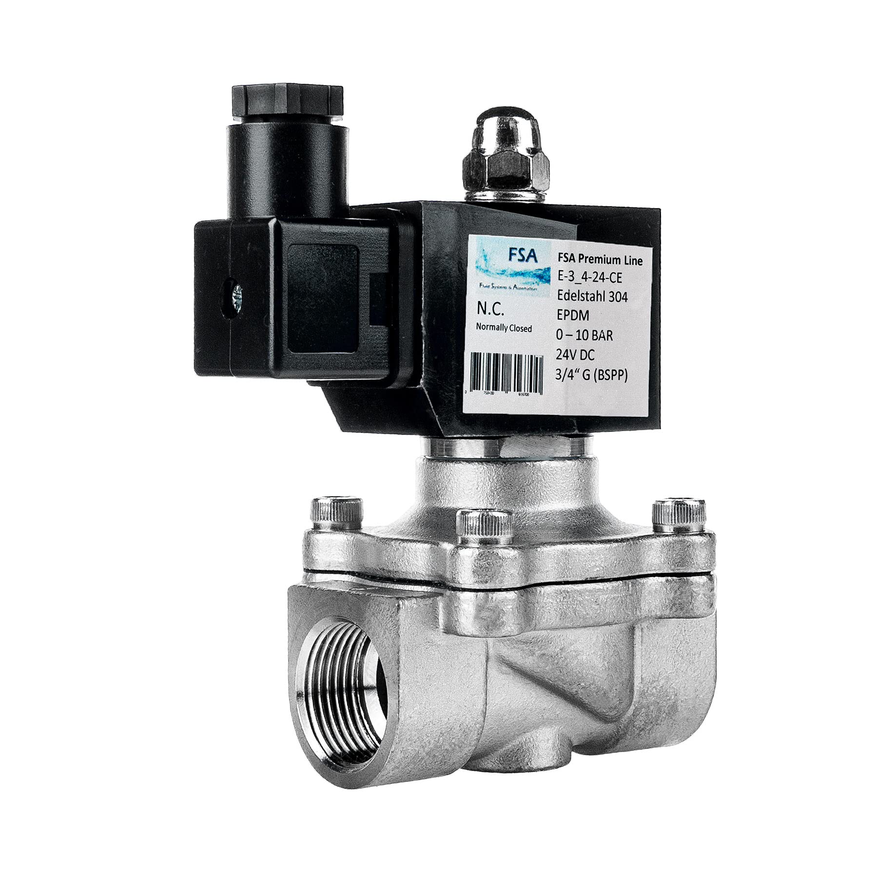 FSA Elettrovalvola in Acciaio Inox 304 3/4" 24V DC 0-10 bar EPDM normalmente chiusa