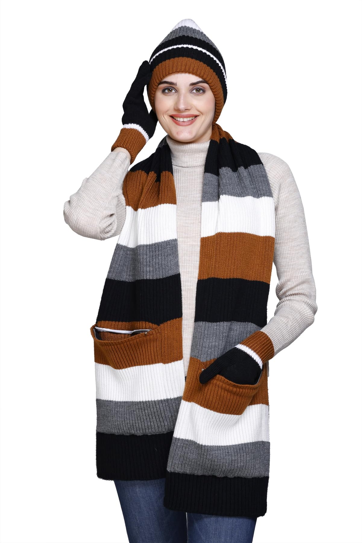 513 Women's Soft Acrylic Warm Knitted Self Design Cap Muffler Gloves Set Pack of 3-picture-47
