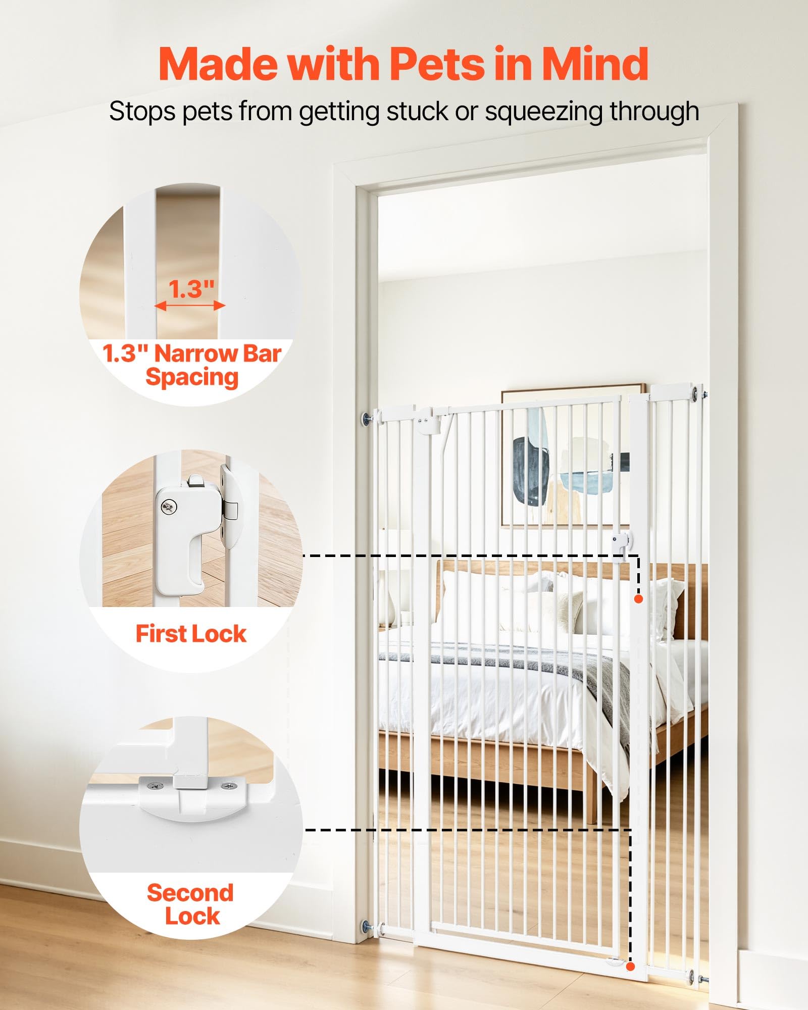 VEVOR Barrera de Seguridad para Niños, Alto Extra de 1420 mm, Ancho Ajustable de 740-1050 mm, Puerta de Seguridad para Perros y Gatos, Kit de Accesorios de Instalación, para Escaleras Pasillos, Blanco