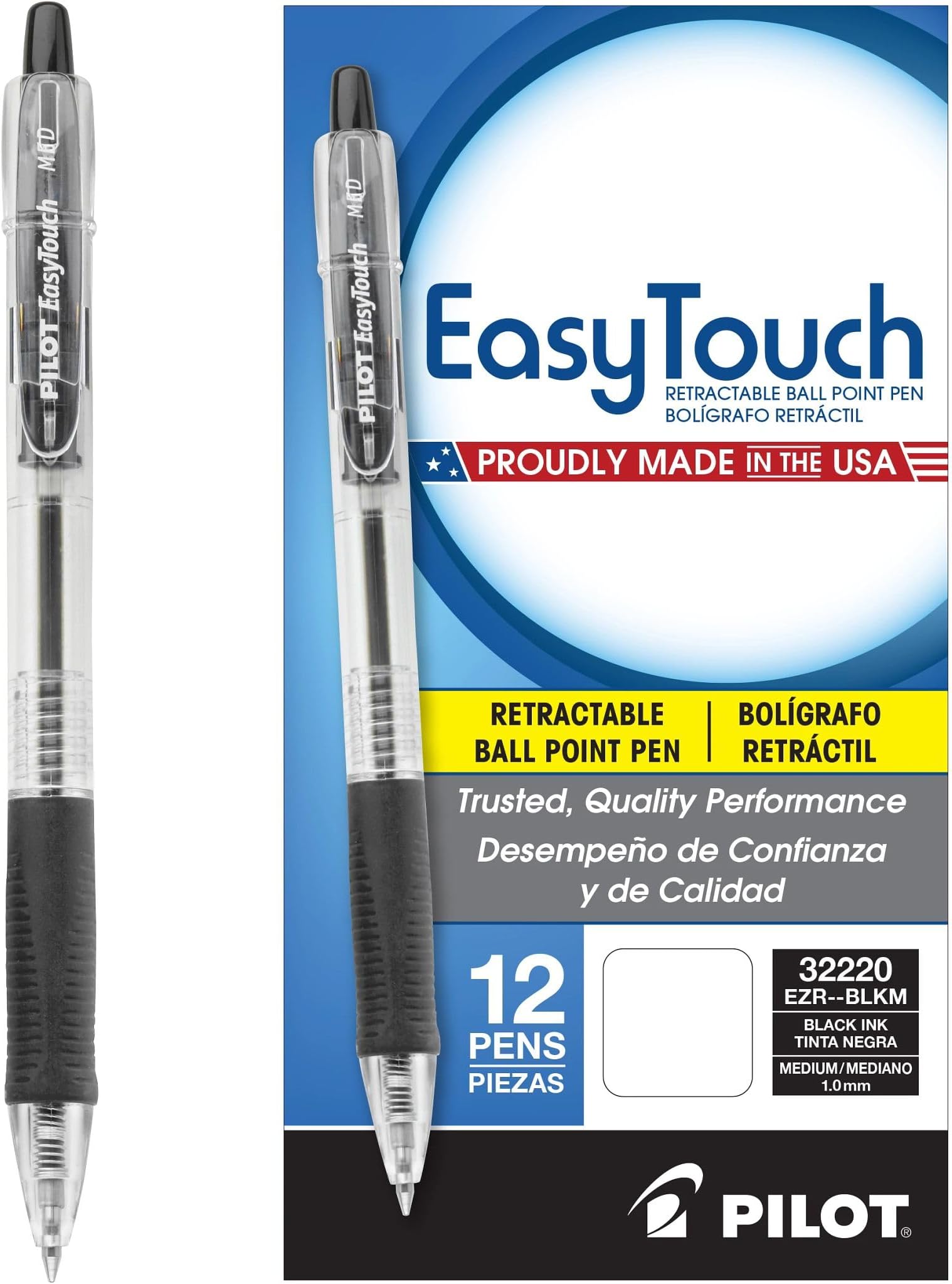 EasyTouch Refillable & Retractable Ballpoint Pens, Medium Point, Black Ink, 12-Pack (32220)