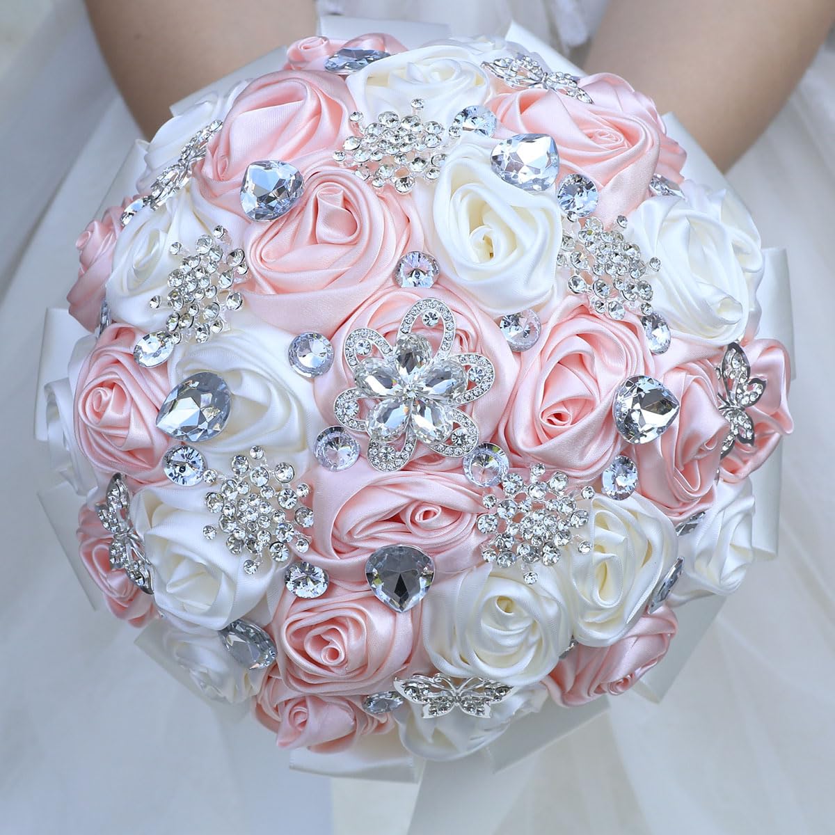 Photo 1 of Mhojpik Bridal Wedding Bouquet Round Bling Brooch Bouquet Throw Toss Artificial Rose Flower Bunch for Bride Bridesmaid Wedding Quinceanera (Light Salmon Pink & Ivory, 9.8")