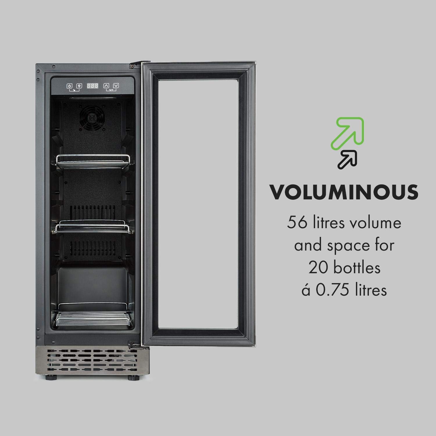 Klarstein Beerlager 56 Nevera para Bebidas, 56 L, 20 Botellas, Empotrable, 82 cm de Altura, Puerta de Cristal con Marco de Acero, 3 Estantes, 0-10 °C, Control Táctil, Negro