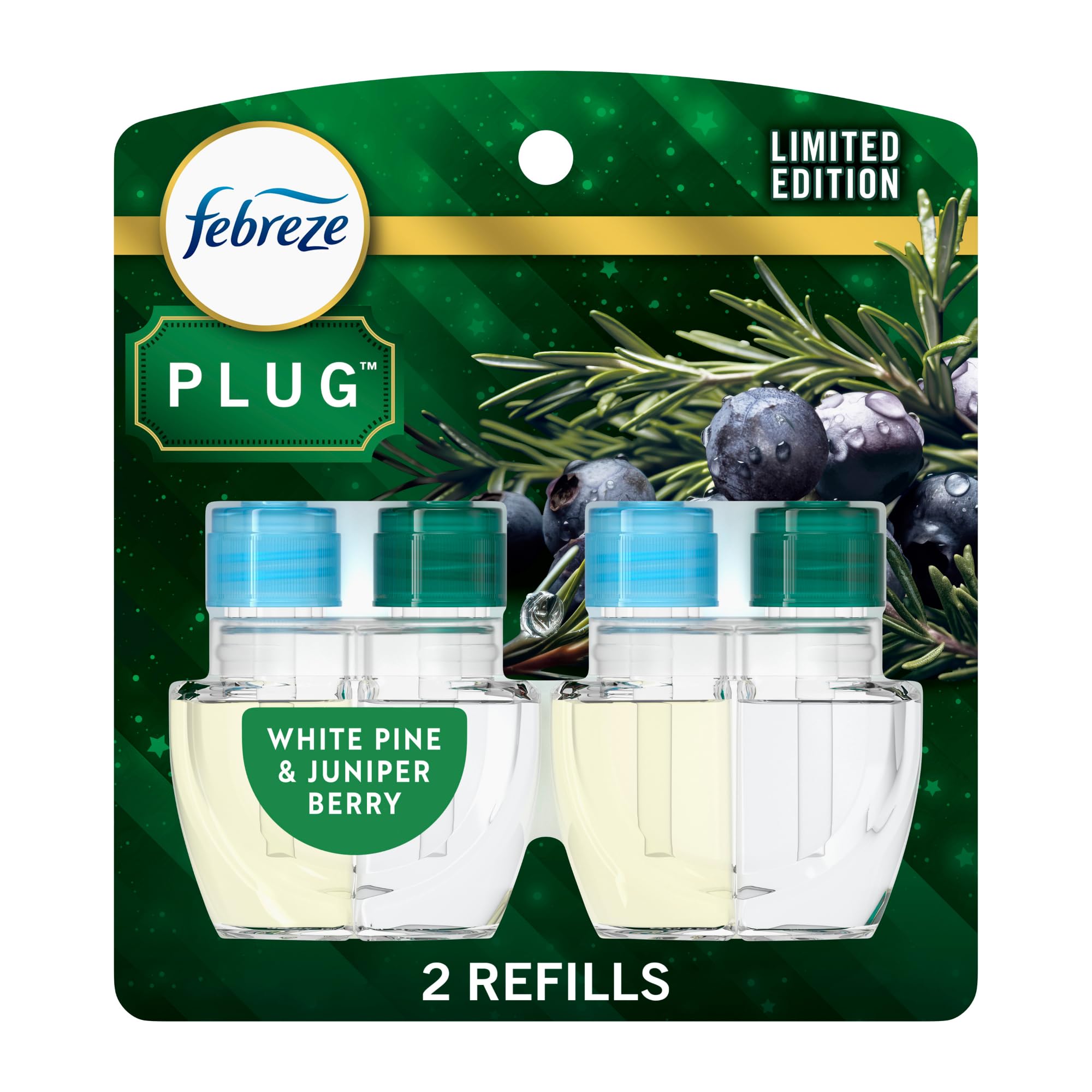 Febreze Odor-Fighting Fade Defy PLUG Air Freshener White Pine & Juniper Berry, 0.87oz Oil Refill, 2 Count