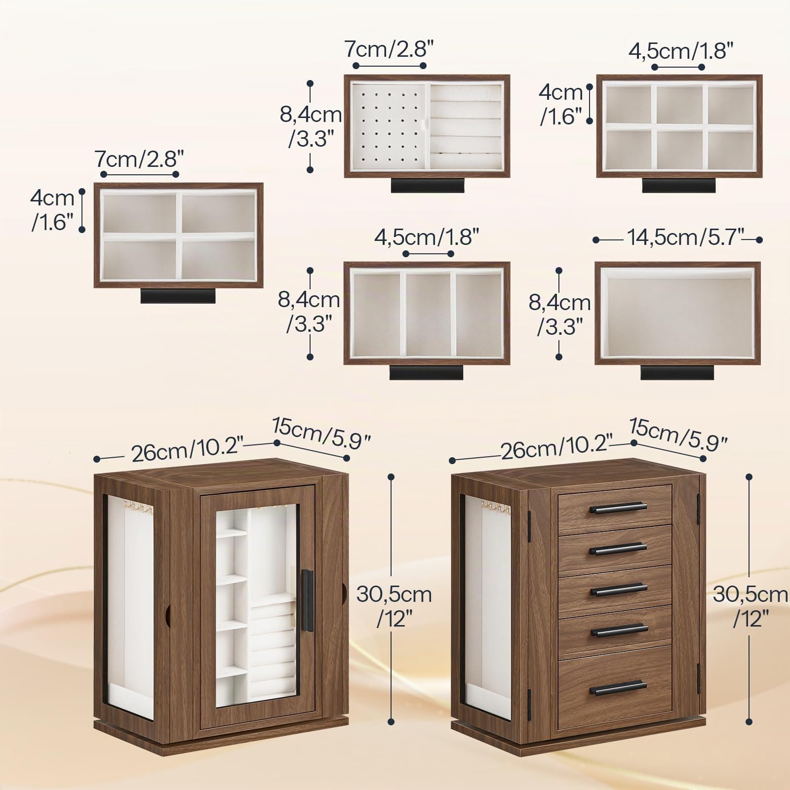 HOOBRO Caja Joyero, Organizador de Joyas Giratorio de 360°, Caja para Joyas con 5 Cajones, con Puerta de Acrílico, Expositor de Joyas con Forro de Terciopelo, para Collares, Anillos, Nogal EBH30JB04