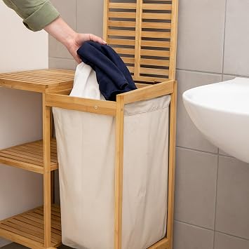 Bambu 3 Raflı Kirli Çamaşır Sepeti | Kapaklı & Kumaş Torbalı Doğal Ahşap Banyo Düzenleyici
