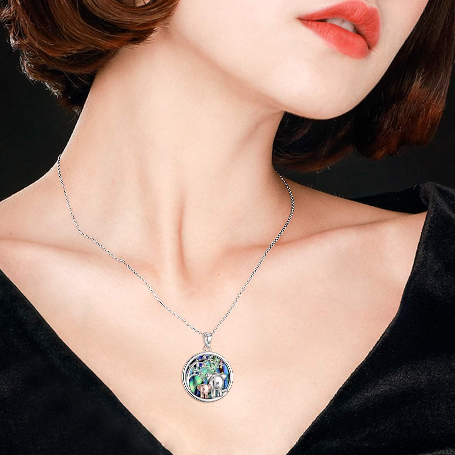 POPLYKE Elephant Necklace for Women Sterling Silver Tree of Life Pendant with Heart or Abalone Shell Jewelry Gift for Mom on Mothers Day Birthday - Image 2