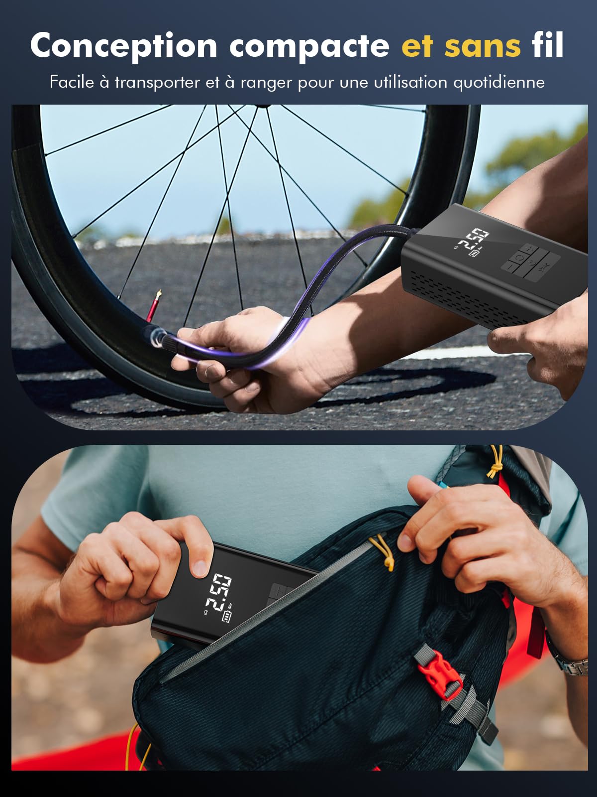 DIHOOM Compresseur à Air Portatif 45L/Min avec Batterie 6000mAh | Gonfleur Pneus Voiture Rapide, Support Banque d'Énergie, Éclairage LED - 4 Modes - Idéal pour Voitures, Vélos, Motos, Ballons
