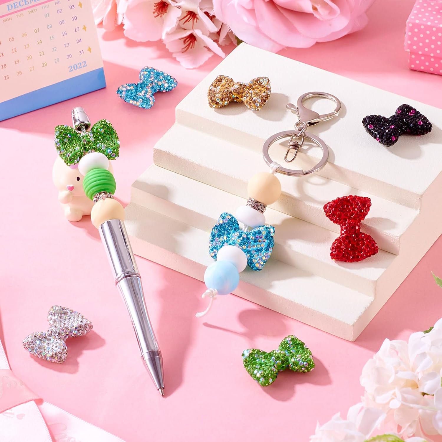 Pandahall 6Pcs Large Bowknot Focal Polymer Clay Rhinestone Crystal Bow Pen Diamond Spacer Glitter Chunky Beads for Beadable Pens Keychain Bracelet Jewelry Making - Image 2