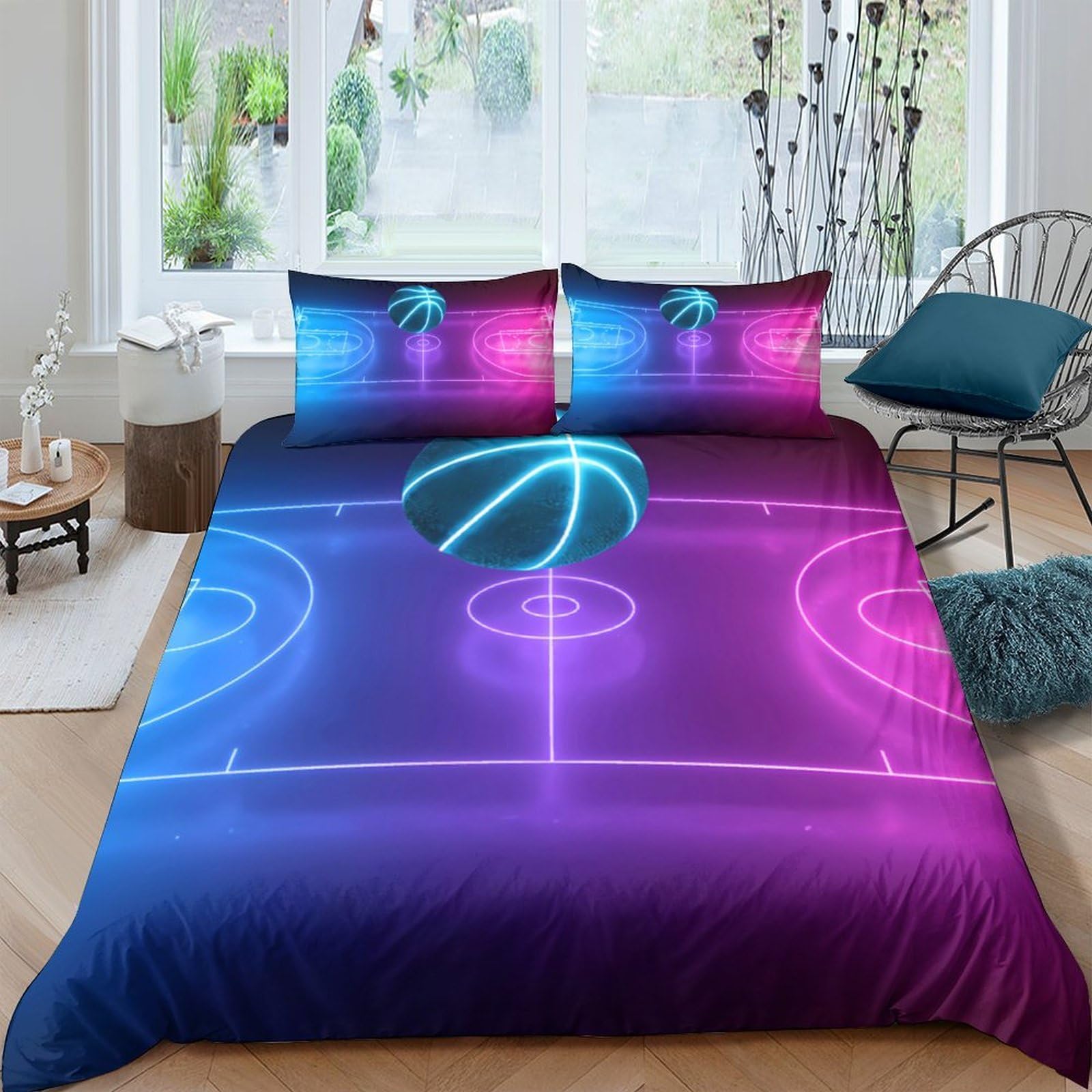 Ctjqhvkz Style-3 3D Printed Neon Basketball Court Fitted Sheet Microfiber Soft Mattress Cover For Bedroom Decor Dorm Room Gift Single（135X200cm）