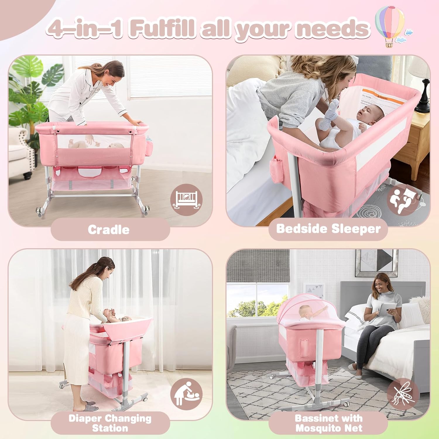 4-in-1 Bedside Bassinet for Baby, Convertible Crib with Mosquito Net & Diaper Changing Station, Portable Sleeper w/Mattress & Travel Bag (Pink)