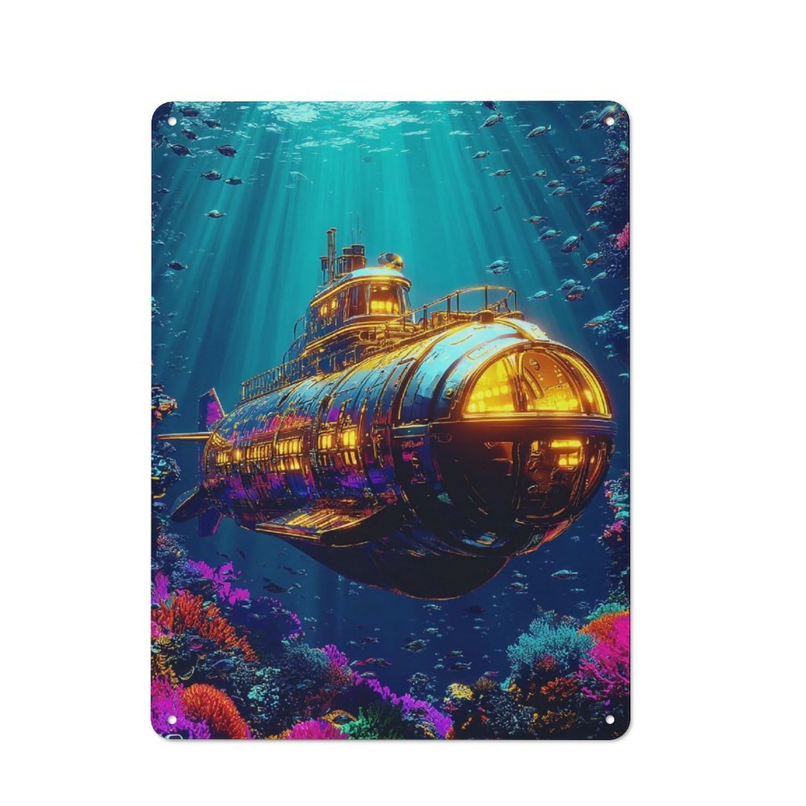 Junmoney Golden Submarine In Coral Paradise Retro Metal Sign 40X30cm, Classic Pub Decor For Cafe, Pub, Workshop Or Home Bar, For Casual British Interiors