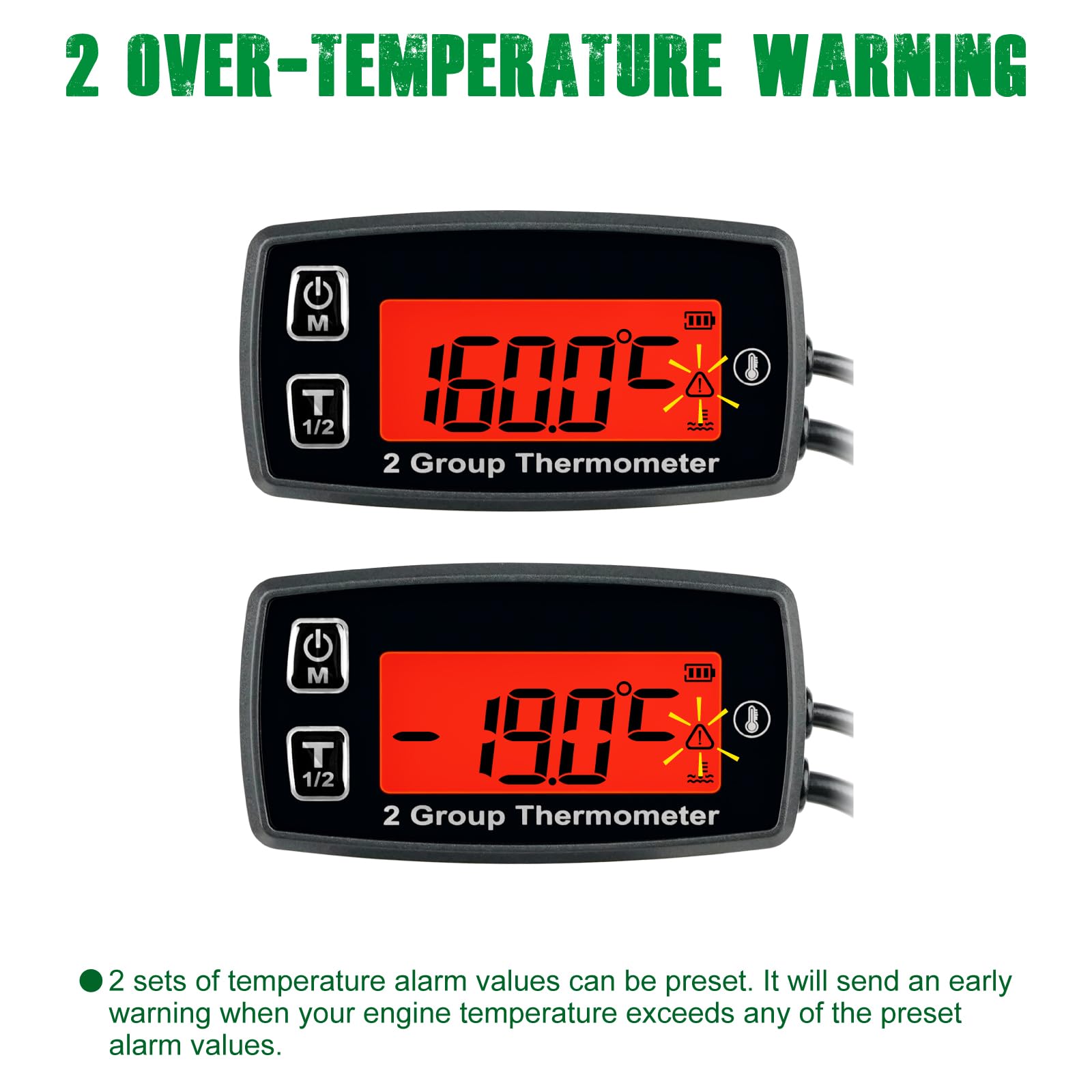 YOOREAL Digitale LCD Motore Temp Gauge, Doppia Registrazione Della Temperatura, Retroilluminazione Verde, Batteria e Alimentatore Esterno per Tosaerba Generatore Trattore Moto Dirtbike