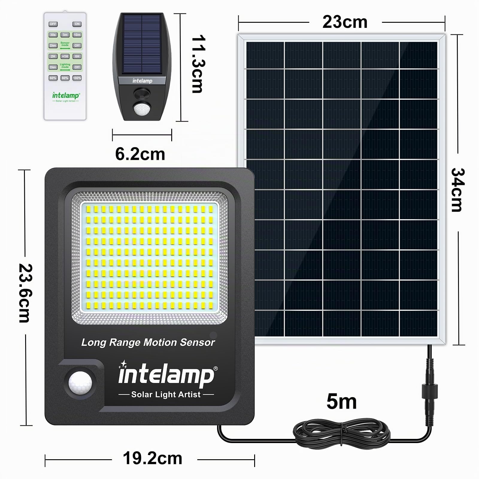 INTELAMP Lampes solaires d'extérieur avec détecteur de mouvement, 12000 mAh, 3000 lm, avec télécommande, lampe solaire super lumineuse pour l'extérieur, avec câble de 5 m, IP65