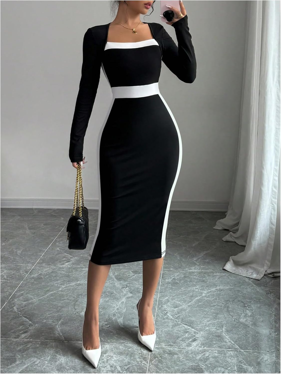 SOLY HUX Women's Midi Dress Color Block Square Neck Long Sleeve Bodycon Dresses