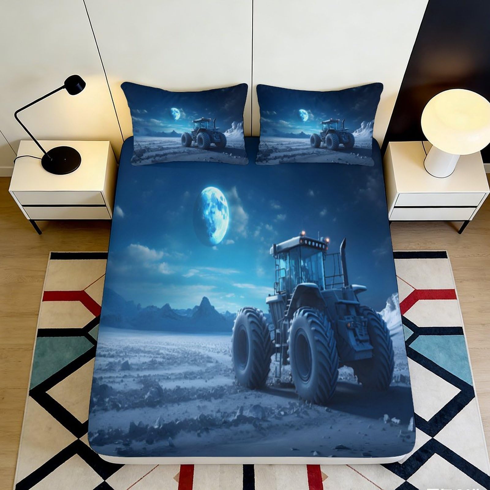 3D Printed Moonlit Tractor Landscape Fitted Sheet Microfiber Soft Mattress Cover for Bedroom Guest Room Decor 90x200x25cm