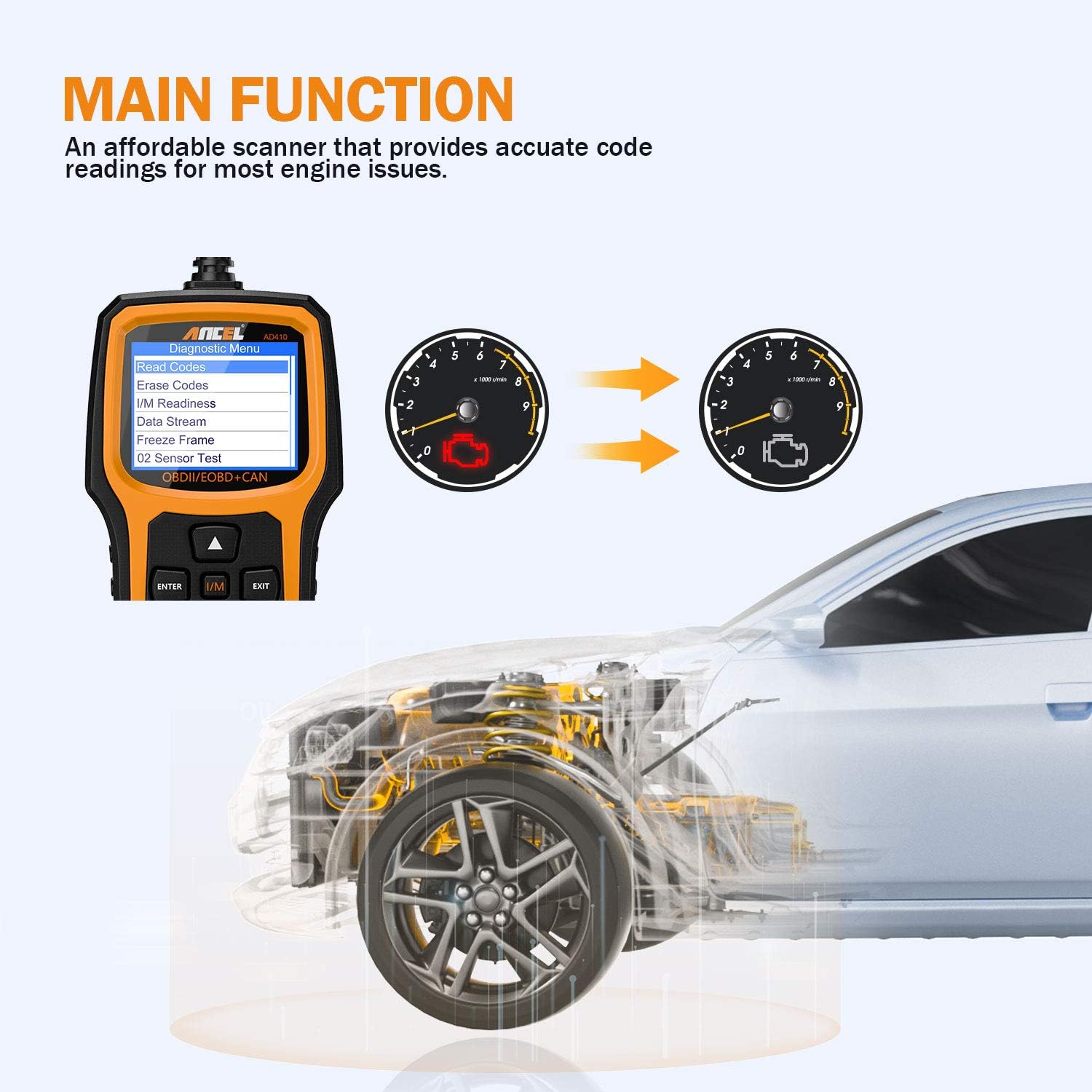 ANCEL AD410 Enhanced OBD II Vehicle Code Reader Automotive OBD2 Scanner Auto Check Engine Light Scan Tool (Black/Yellow) : Automotive