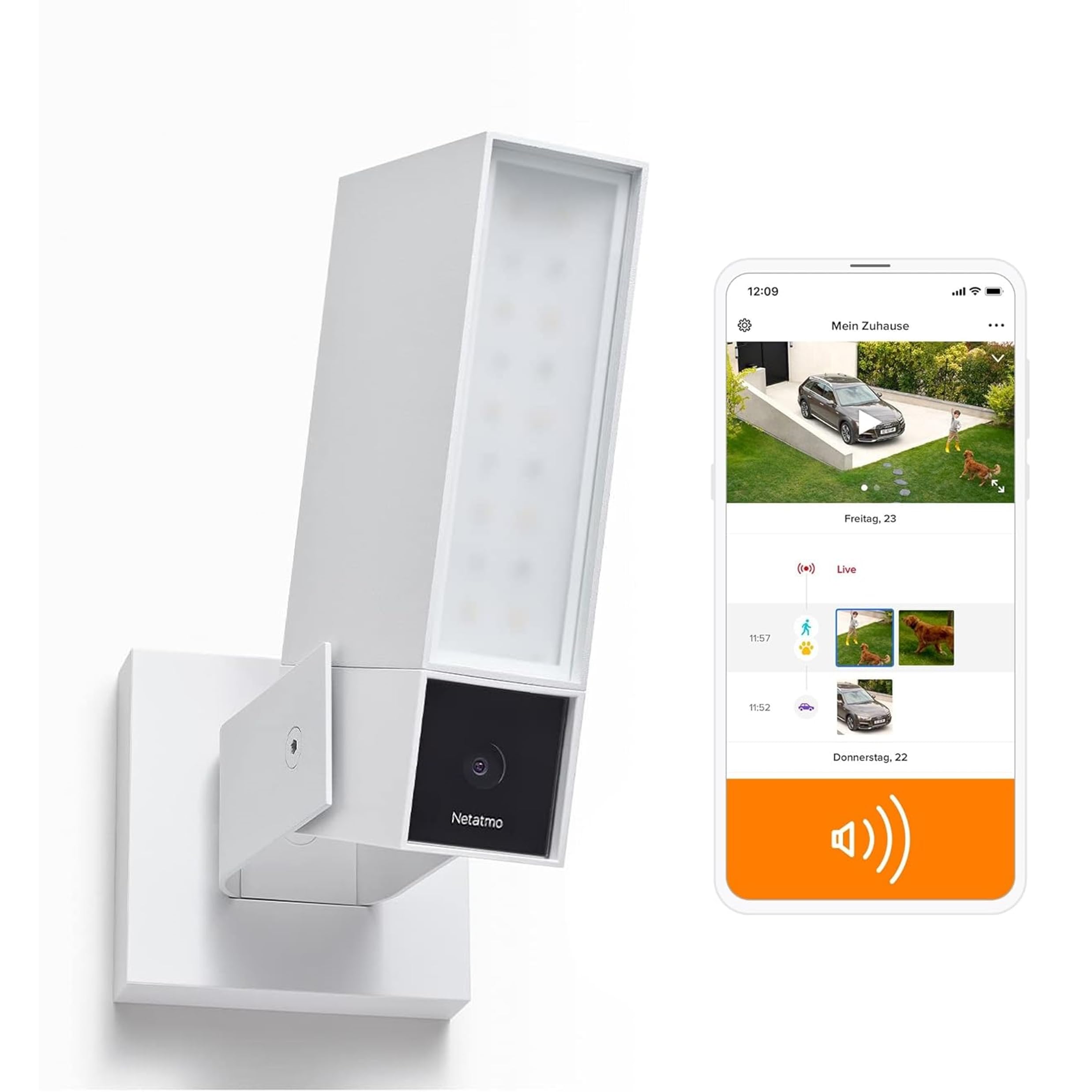 Netatmo Smarte Überwachungskamera für den Außenbereich mit 105 dB Sirene, WLAN, integrierter Beleuchtung, Bewegungserkennung, Nachtsicht, ohne Abonnement, weiß, NOC-S-W-DE