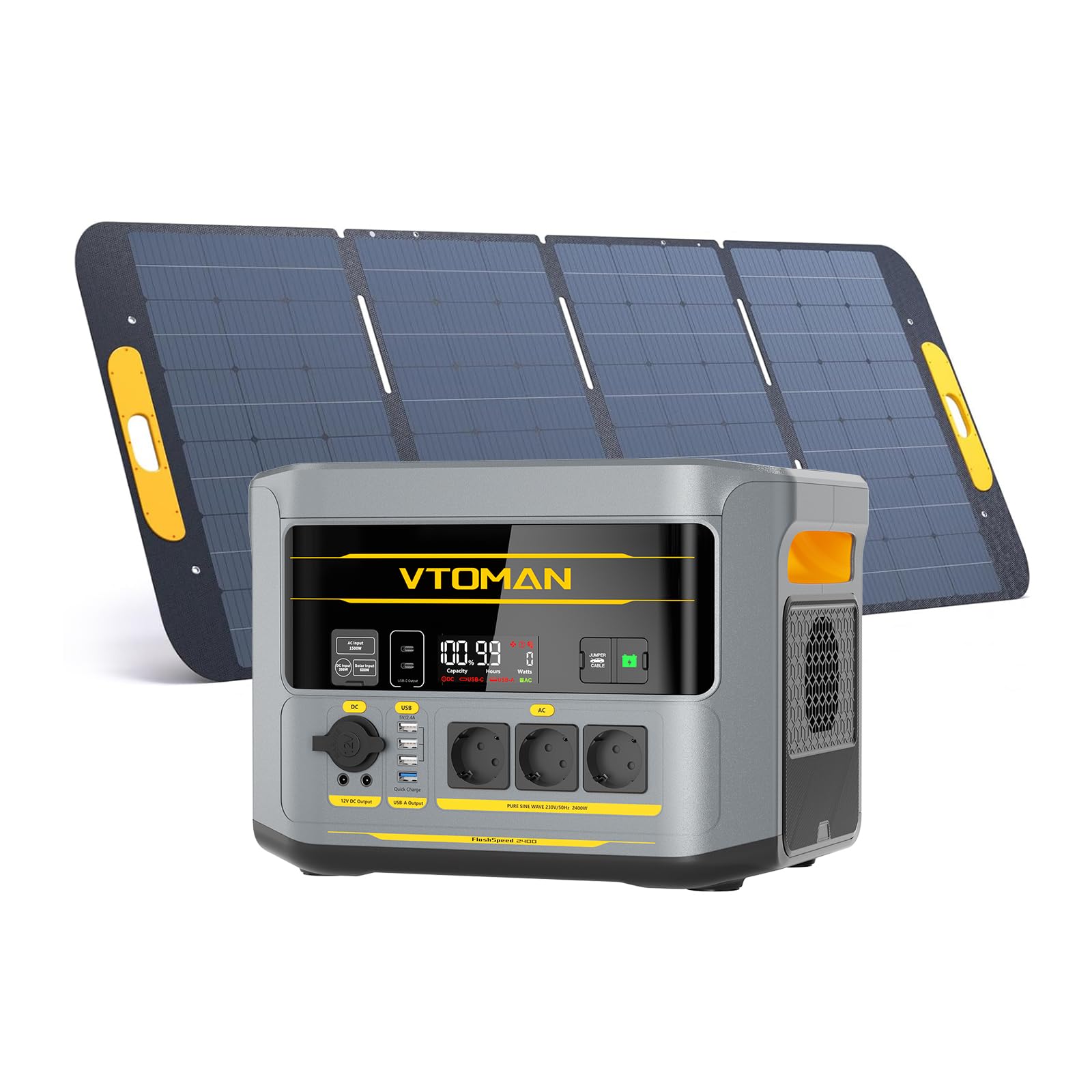 VTOMAN FlashSpeed 2400 Estación de Energía Portátil con 400W Panel Solar | 1408Wh Generador Solar, 3 CA de 2400W, Cable de Arranque, Carga Rápida 0-100% en 1 H, Acampada, RV, Apagones, Embacaraciones