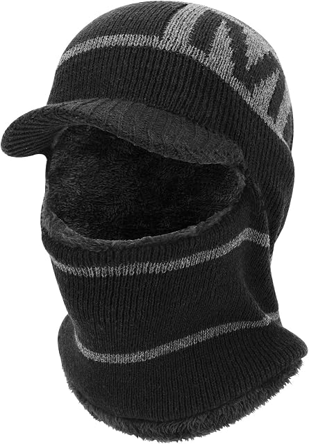 TAGVO Winter Knit Balaclava Visor Beanie Hat with Flexible Neck Warmer, Fleece Lined Thermal Windproof Elastic Warm Ski Face Mask Face cover for Men & Women, Running Skiing Hiking Outdoor Sports