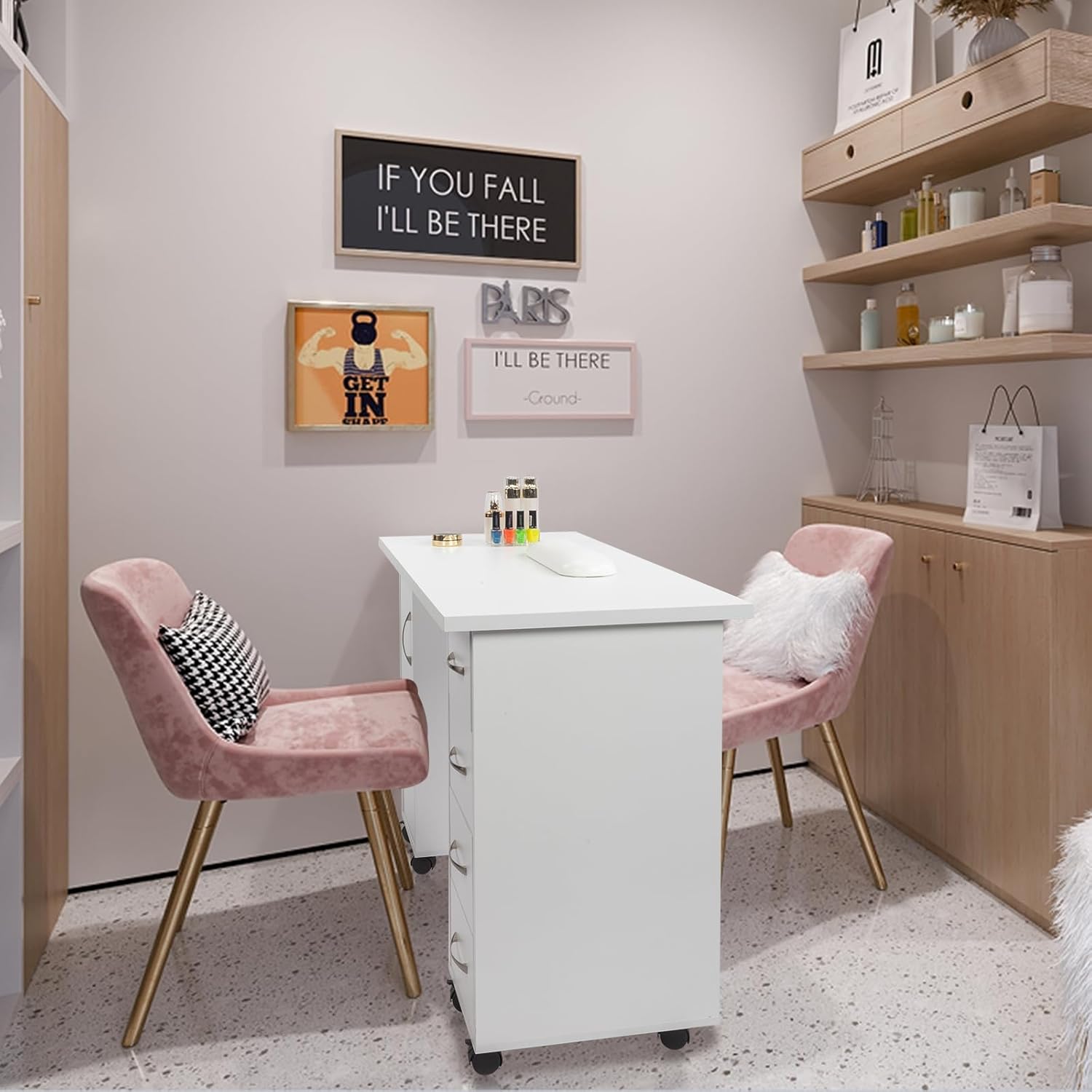 White Modern Nail Tech Workstation, Spa Salon Beauty Home Wooden Manicure Table with Cabinet, Drawers, Wheels & Arm Rest, 43.3"L x 17.7"W x 31.6"H
