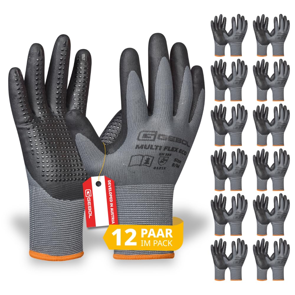 Gebol Multi Flex Eco Lot de 12 paires de gants de travail pour homme avec picots en micro-mousse nitrile, gants respirants pour montage et atelier, poignée antidérapante, taille L (9)