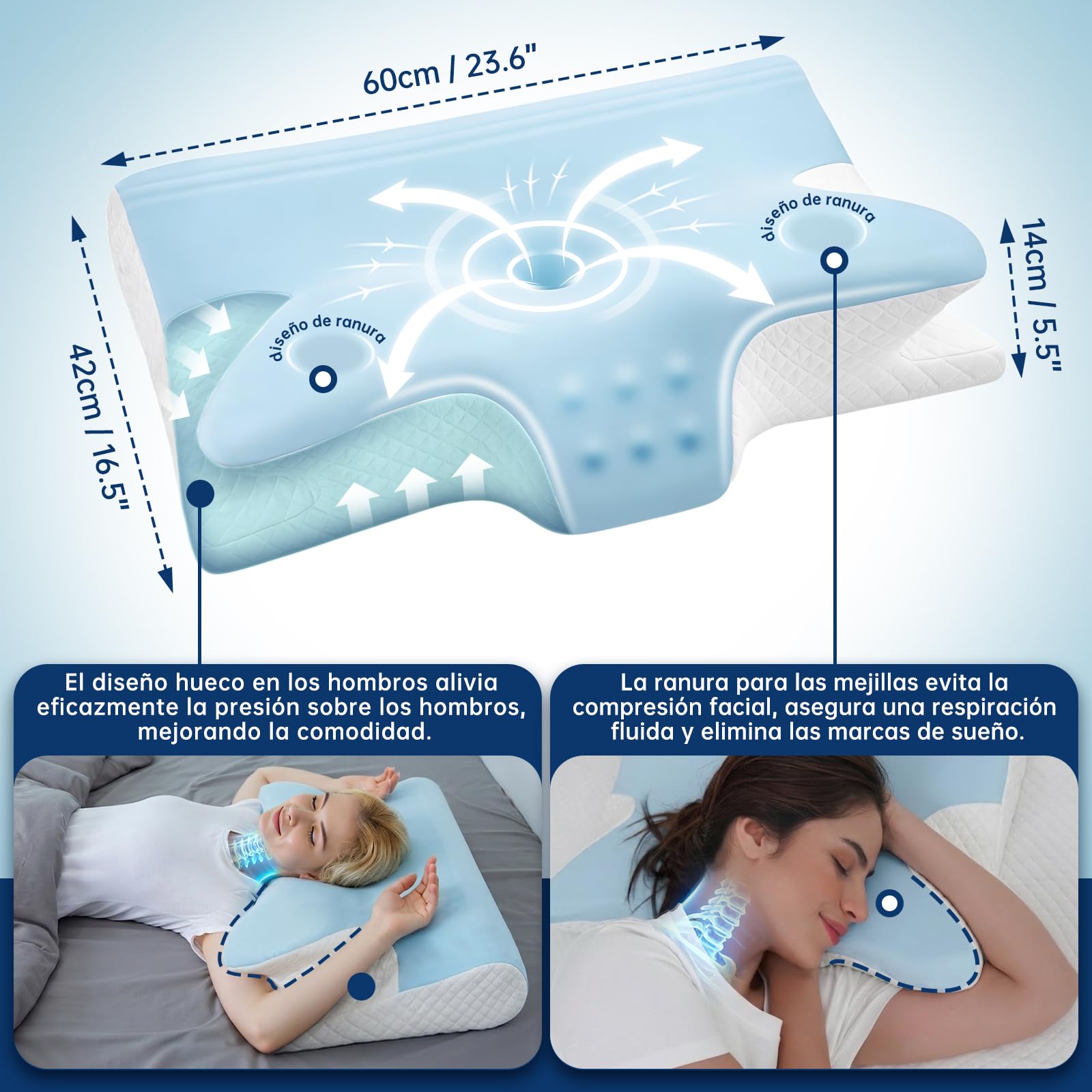 Almohada Cervicales y Cuello, Almohadas Cervicales para Dormir de Espuma Viscoelástica - para Dormir de Lado y Boca Arriba, Alivio de Presión, 60 x 42 x 14/12 cm, Azul