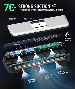 One-touch full automatic vacuum sealer machine,food saver vacuum sealer machine with double motors, 7mm heating wire, Touch screen & Moist/Dry modes,15 seal bags and 1 air suction hose