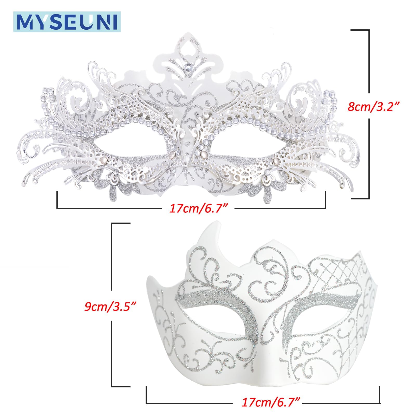 MYSEUNI Maschere in maschera per coppie, maschera veneziana in filigrana di metallo lucido con strass e maschera veneziana da uomo per martedì grasso