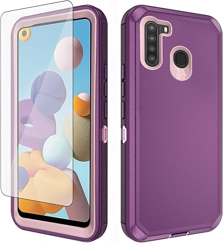 Asuwish Funda de teléfono para Samsung Galaxy A21 con protector de pantalla de vidrio templado y cubierta de celda híbrida a prueba de golpes de