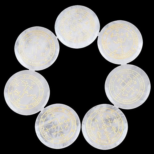 Miniatura 3 de Rockcloud Cristal curativo, 7 unidades, círculos mágicos grabados, poderes espirituales, piedras redondas de palmera, equilibrio de reiki, cuarzo de