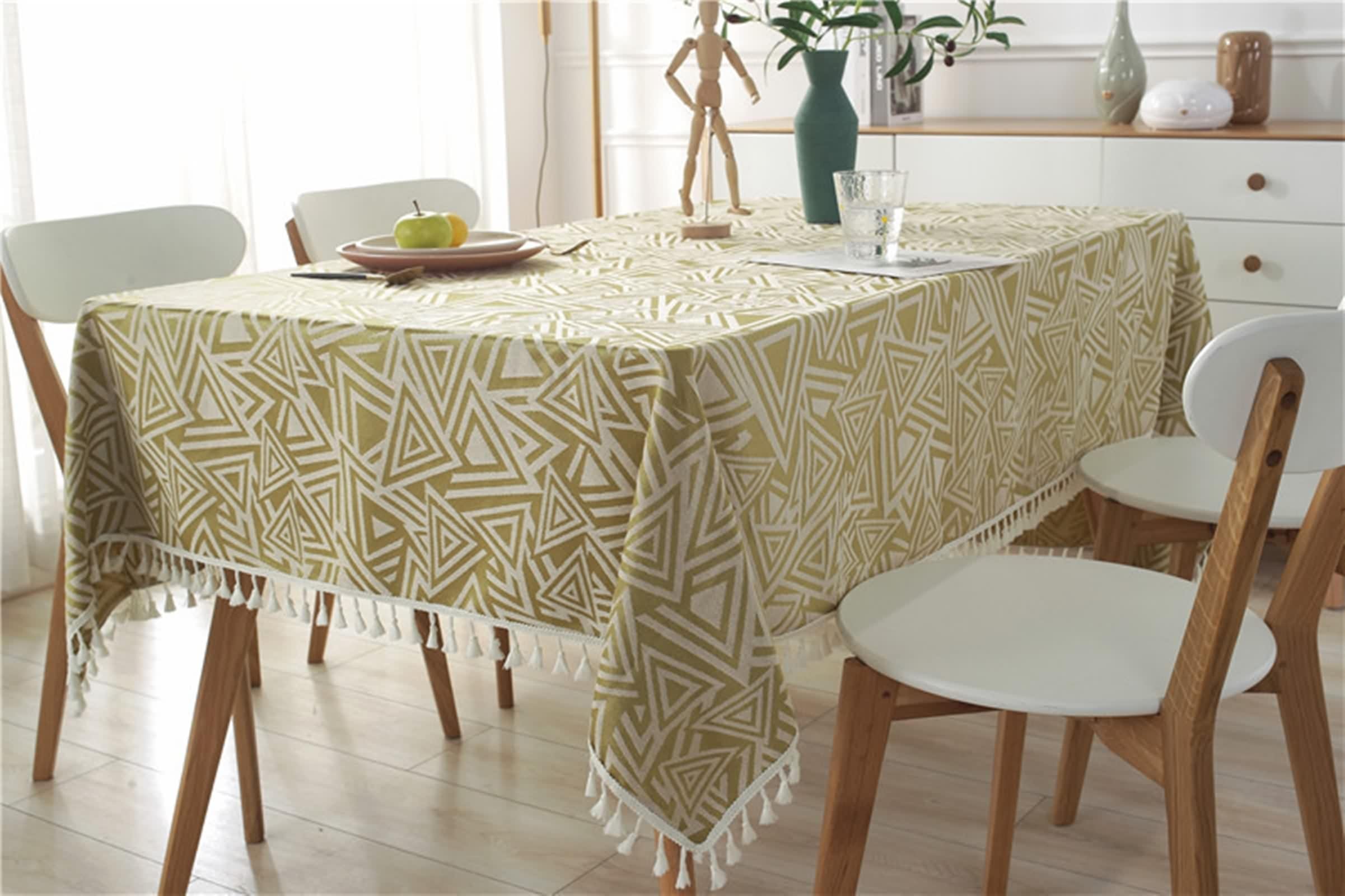 Funda de mesa de cocina elegante, mantel rectangular elegante amarillo verde poliéster jacquard con triángulo decorativo 140 x 200 cm para fiesta