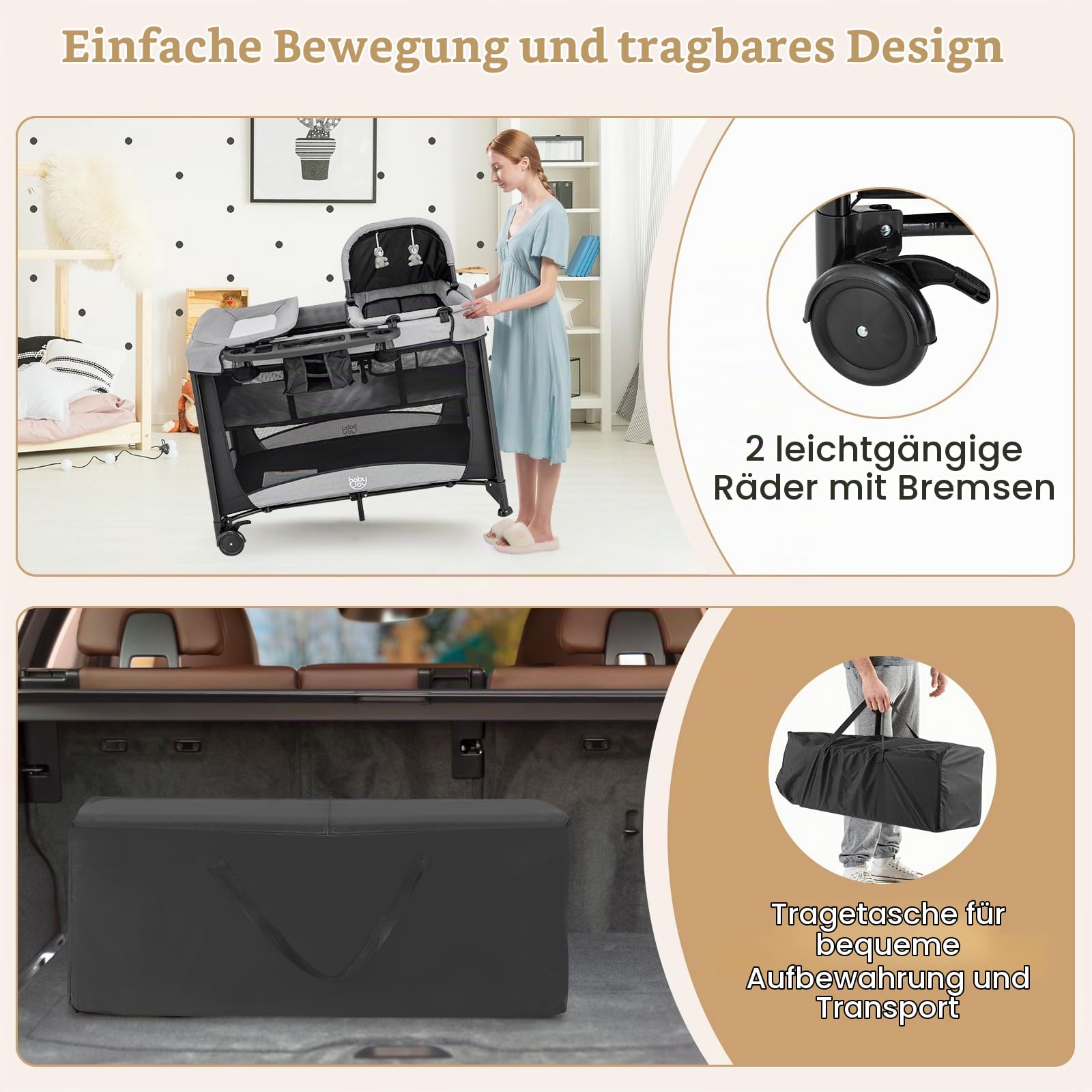 FANTASK 5 in 1 Faltbares Reisebett, Faltbares Babyreisebett mit Wickelauflage Verdickte Matratze, 2 Ebenen Kinderreisebett mit Tragetasche, 15kg belastbar (Schwarz)