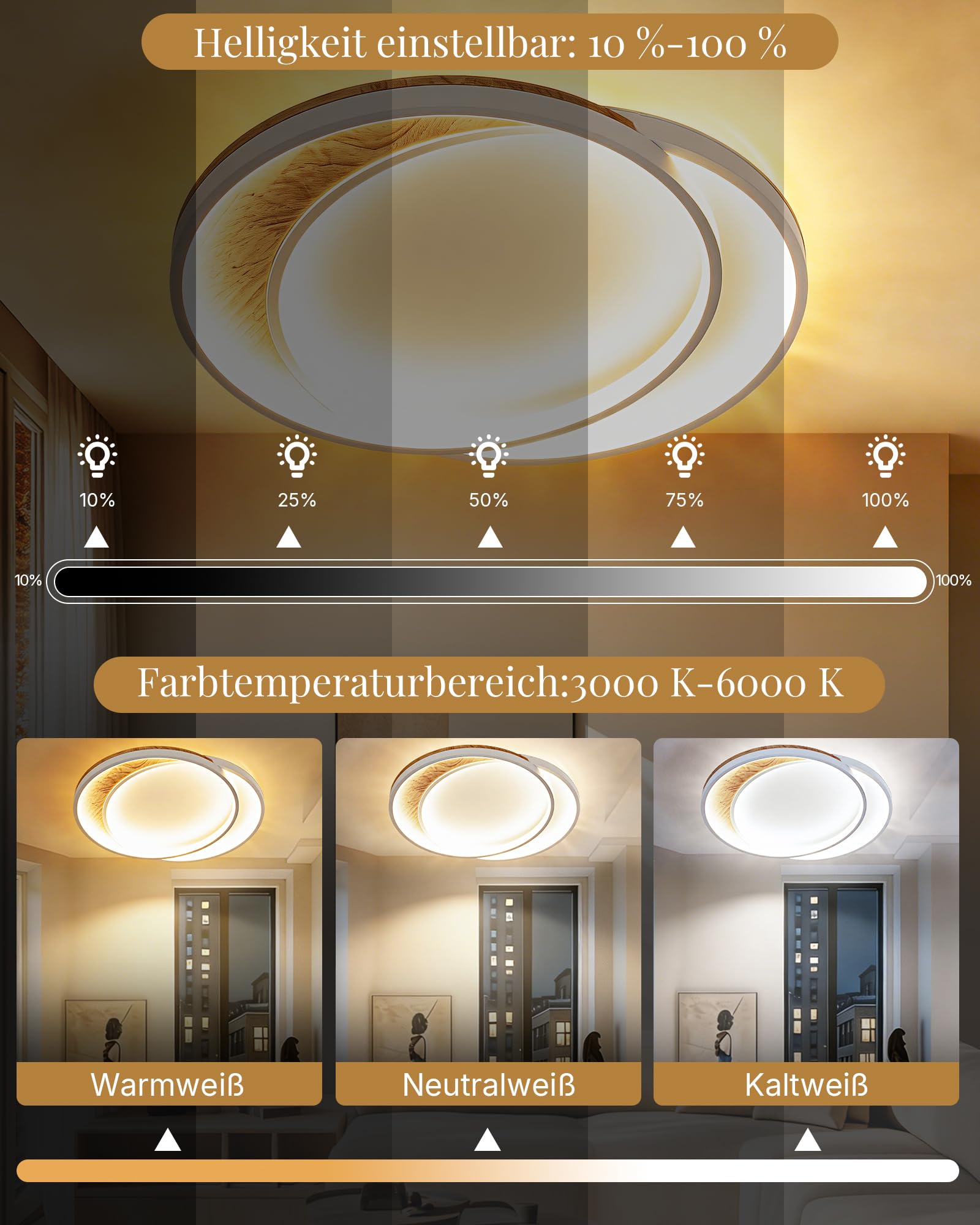 Deckenlampe Wohnzimmer LED Deckenleuchte Massivholz 36 cm, 2 Ringe, 32W, dimmbar Fernbedienung, Nachtlicht & Memory-Funktion, Moderne Deckenbeleuchtung für Schlafzimmer, Küche, Flur, Esszimmer, Büro