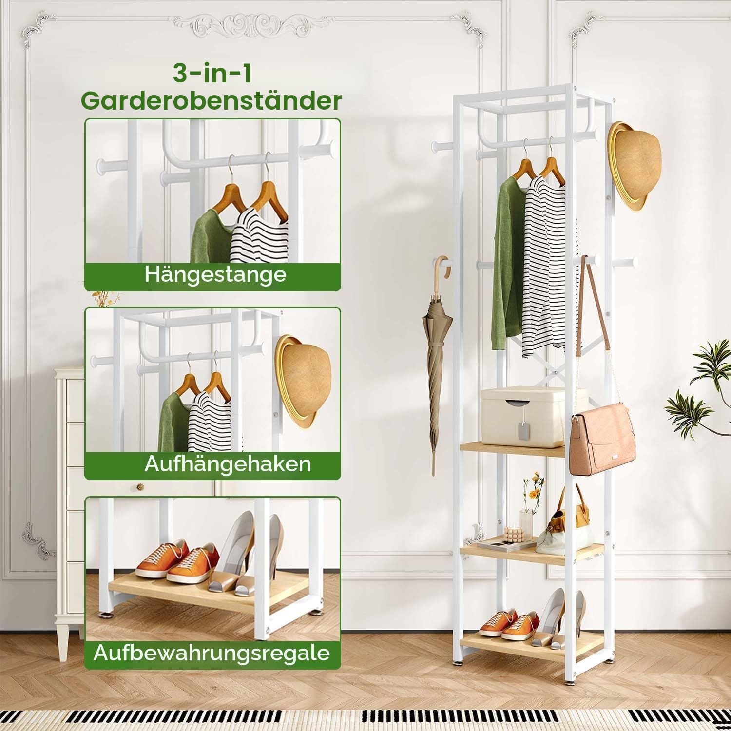 IBUYKE Garderobenständer, Kleiderständer mit 8 Haken,Natur TMJ088R | mit 3 Ablagen, Freistehende Garderobe, Industrie Stil, für Schals, Taschen, Regenschirme,Wohnzimmer, Schlafzimmer