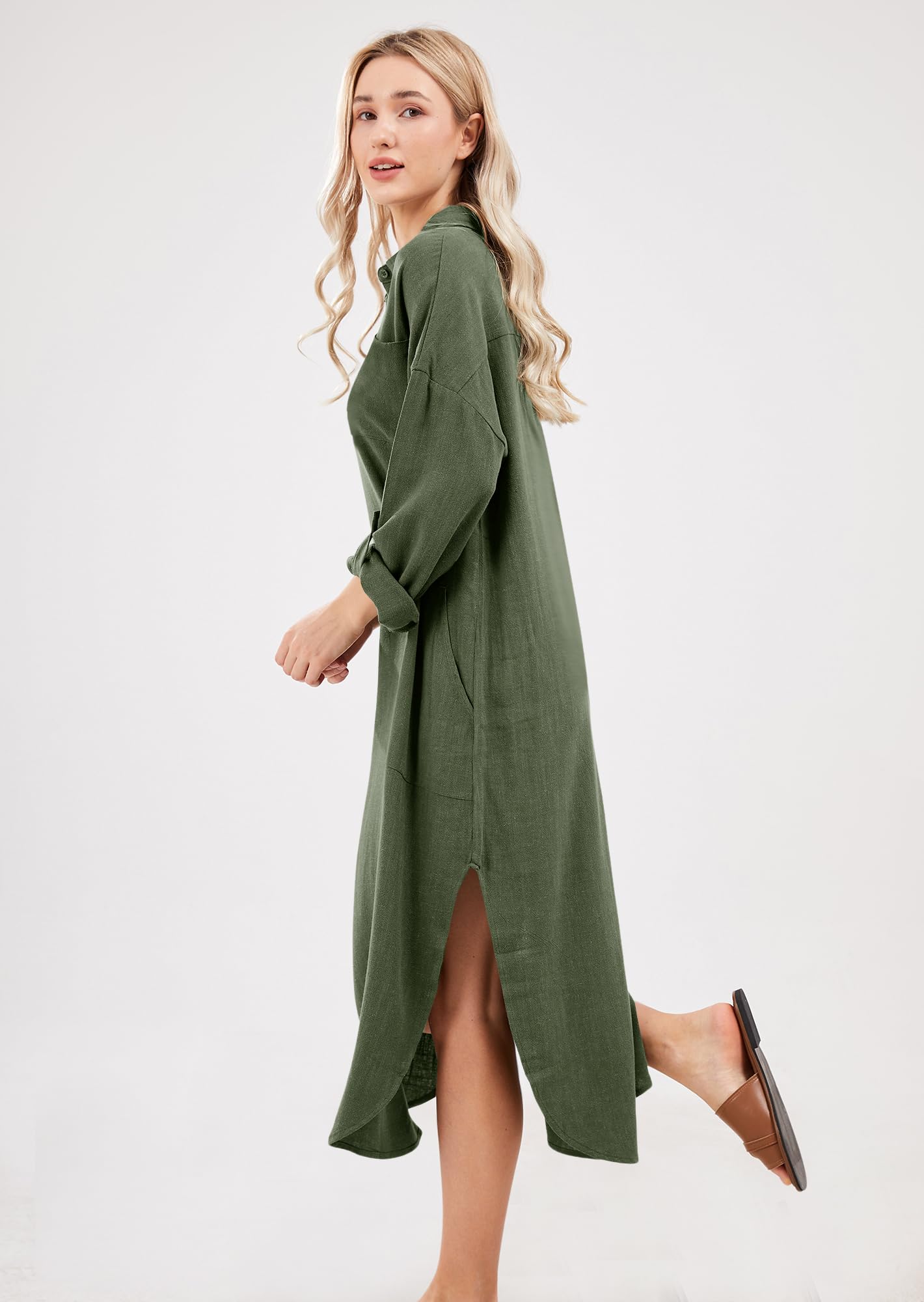 utcoco Vestido camisero largo de mujer, informal, holgado, de algodón y lino, con solapa abotonada, mangas con puños, abertura lateral y bolsillos