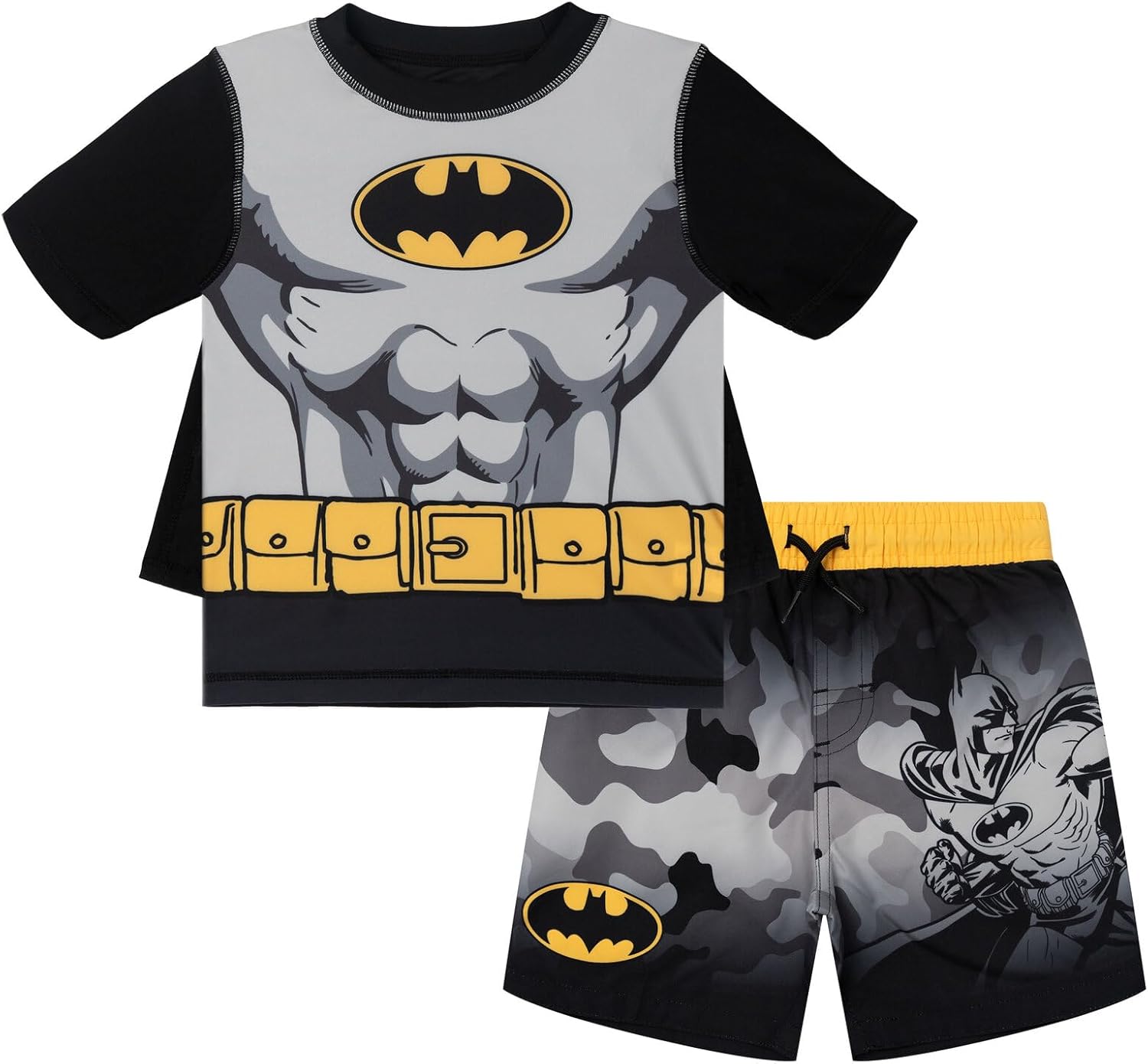 DC Comics Cosplay Rash Guard, Swim Trunks & Detachable Cape UPF 50+ 3 Piece Set Toddler to Little Kid Sizes (2T - 7-8)