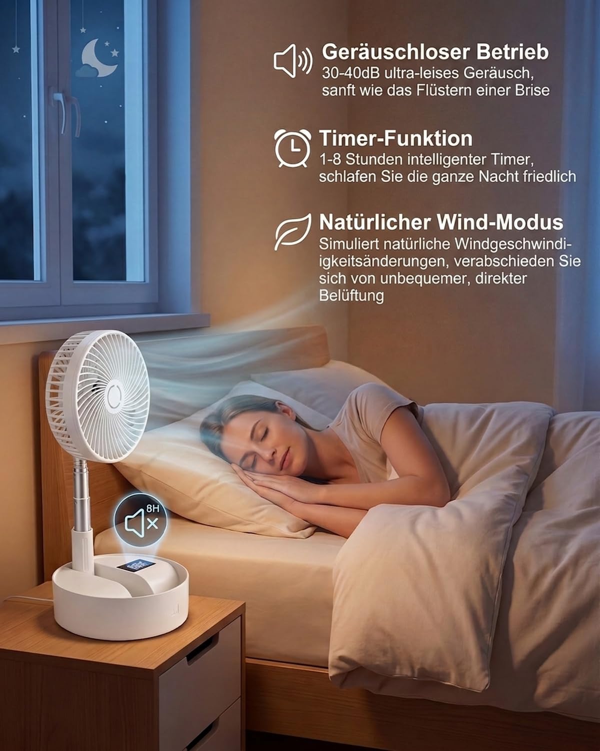 Leise 8" Tragbarer Standventilator mit Fernbedienung, 8000mAh Akku Aufladbar USB C Tischventilator, 5 Geschwindigkeitsstufen, 90°/120°-Oszillation, 1–8-Stunden-Timer, Ventilator für Schlafzimmer