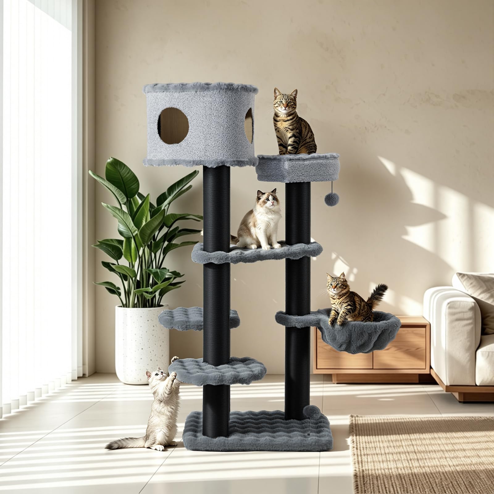 Fudajo Empire Tower 190 cm drapak XXL, drzewko dla kota z domkiem, wiszącym leżakiem, legowiskiem i słupkami do drapania z papierowej liny