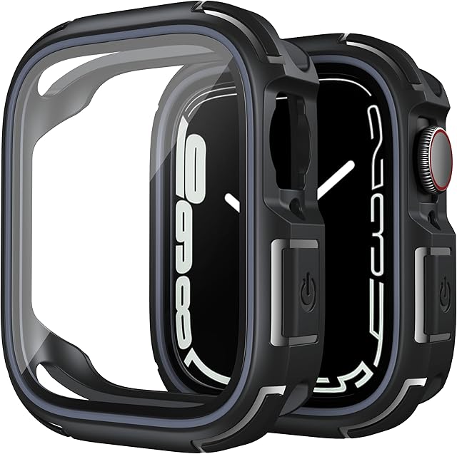TAURI 2 in 1 Defender Designed for Apple Watch series 8/series 7 45mm Case - [Military Grade Protection] Full Coverage Shockproof Soft Bumper HD Protective - Apple Watch 45mm Screen Protector - Black