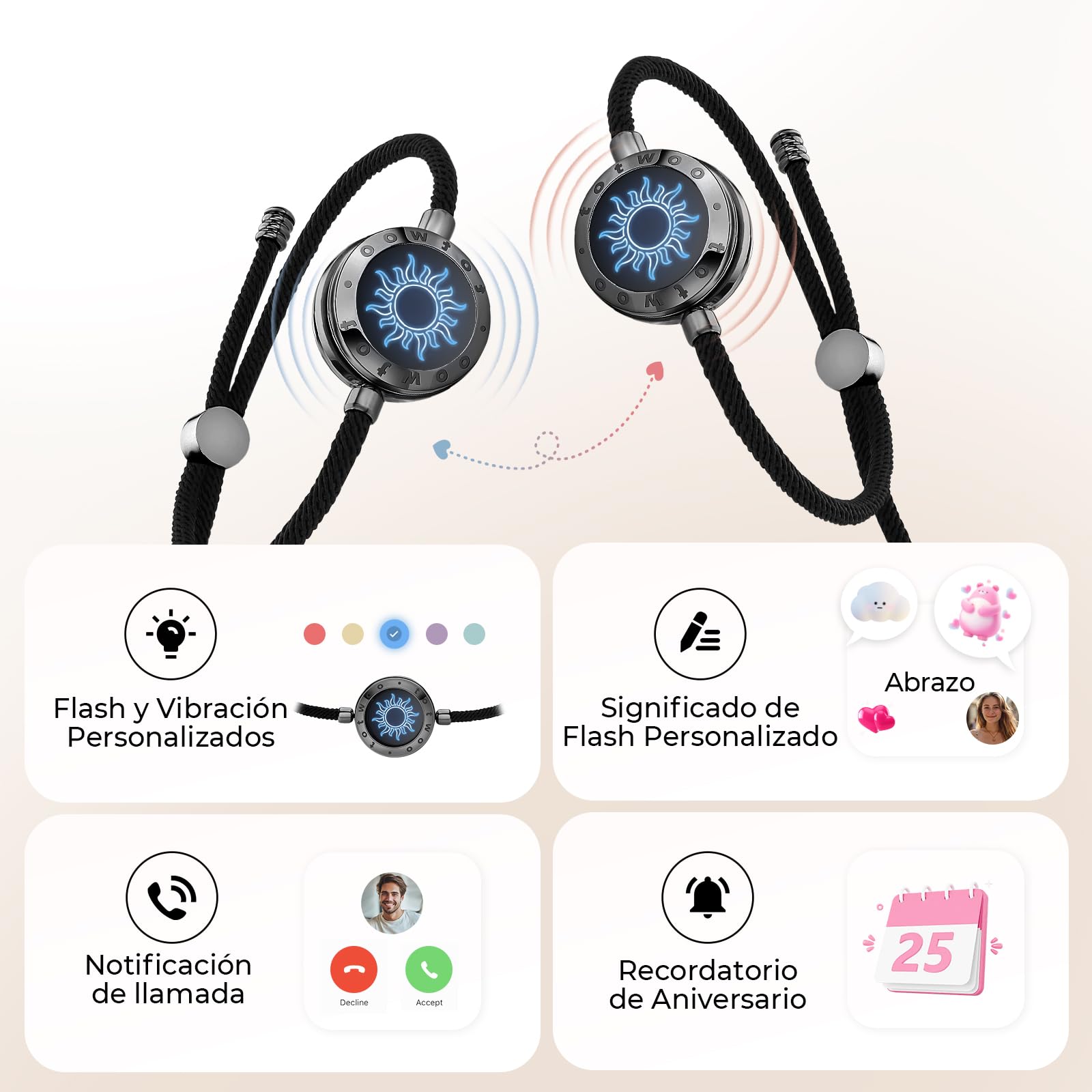 TOTWOO Pulseras Inteligentes de Pareja, Toque, Vibración e Iluminación a Distancia, Emparejamiento Bluetooth Uno a Uno por App, Regalo para Parejas a Distancia, Acero Inoxidable 316