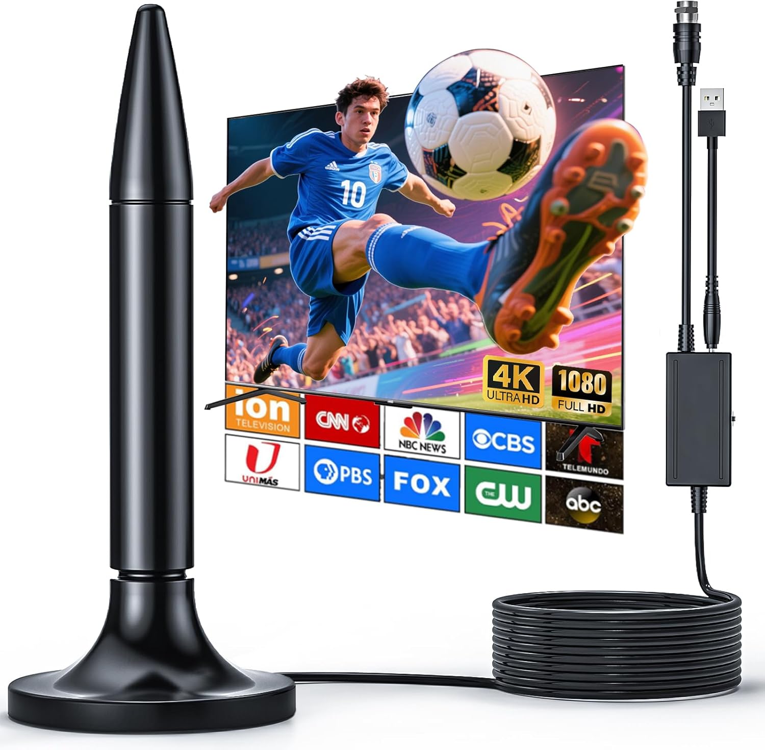 TV Antenna 2025 Indoor with Signal Booster – Long Range Digital HD Antenna for Smart and Older TVs, Supports Local Channels, 4K, and 1080p