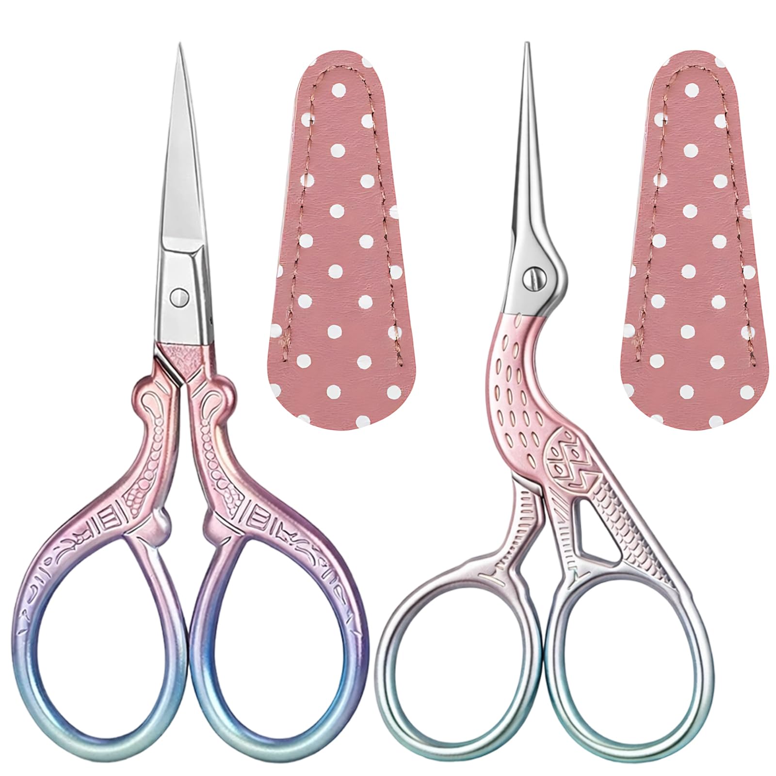2 Stück Handarbeitsschere, Stickschere Klein Scharf, Fadenschere, Edelstahl Storch Nähschere, Edelstahl Handwerk Schere, für Stickerei, Handarbeiten, Nähen, Basteln mit PU Schere Abdeckung Rosa